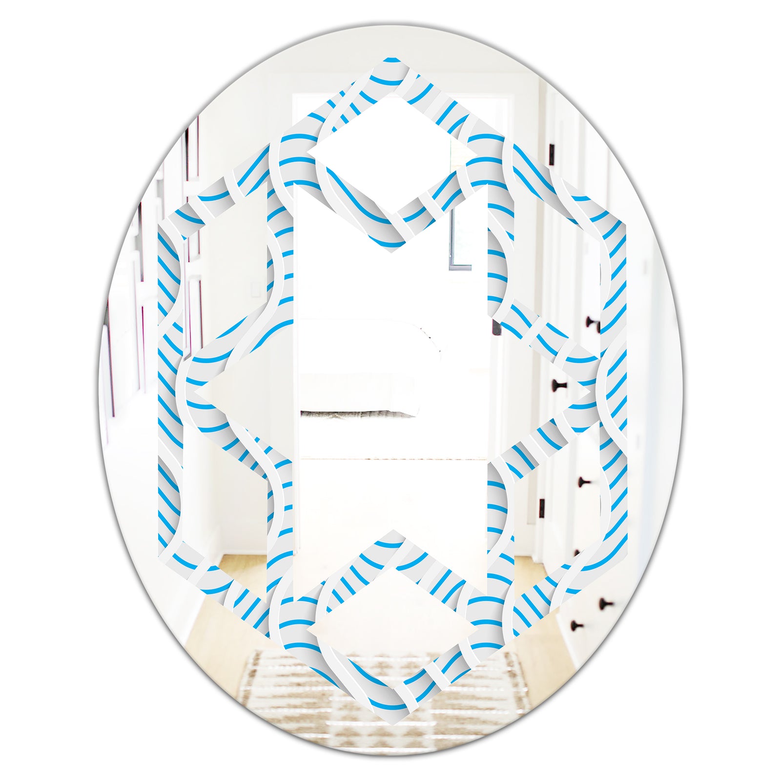 3D White and Light Blue Pattern II - Modern Round or Oval Wall Mirror - Hexagon Star