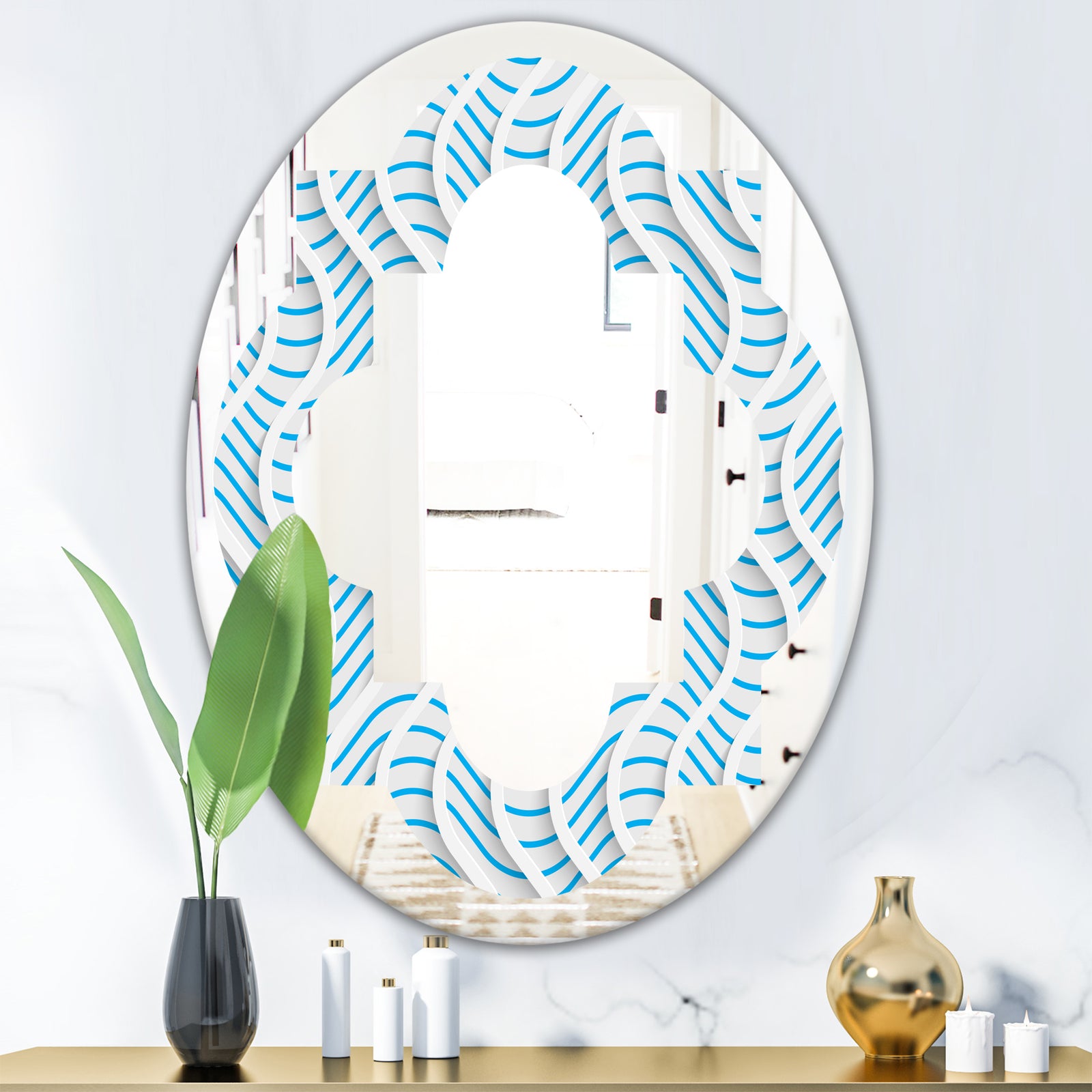 3D White and Light Blue Pattern II - Modern Round or Oval Wall Mirror - Quatrefoil