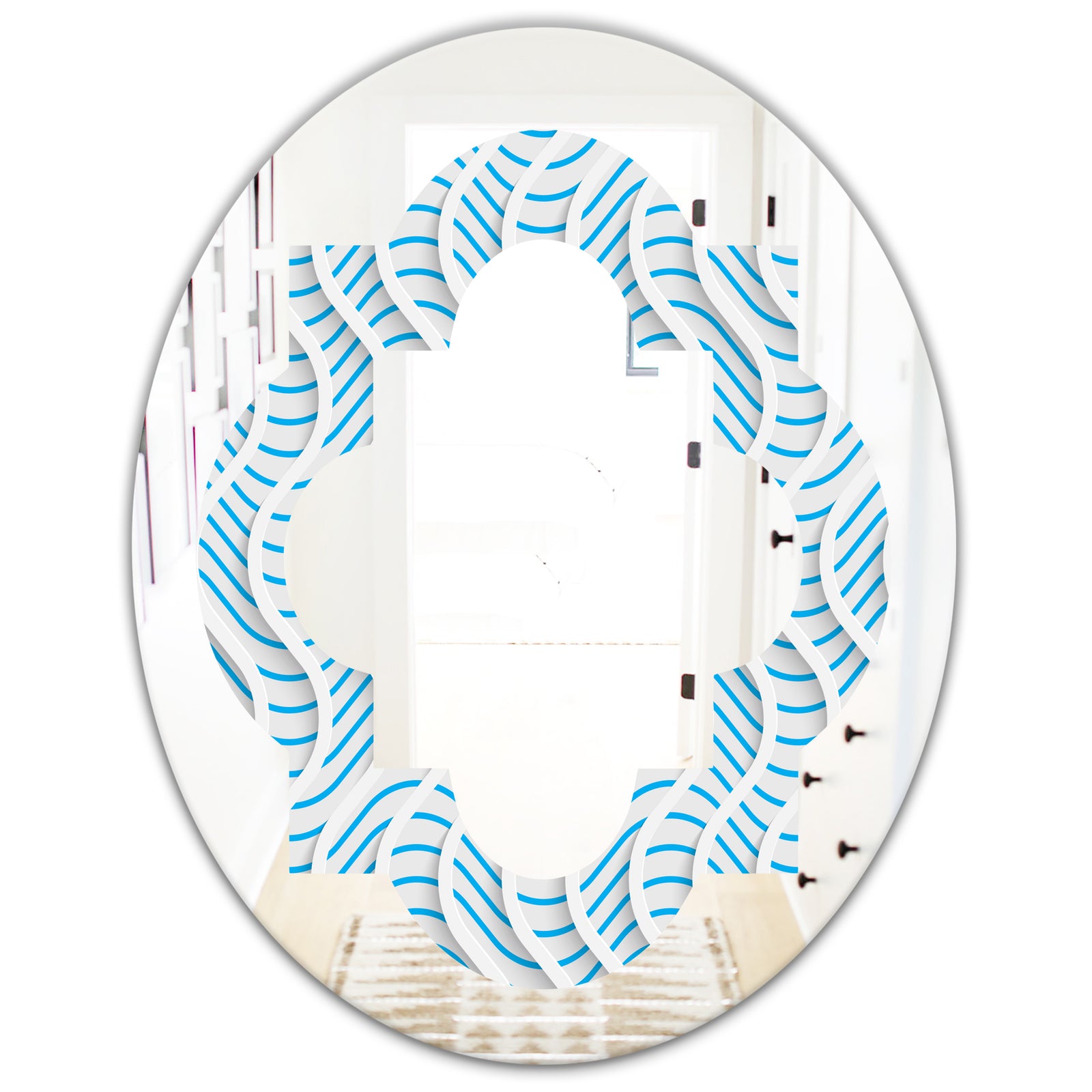 3D White and Light Blue Pattern II - Modern Round or Oval Wall Mirror - Quatrefoil