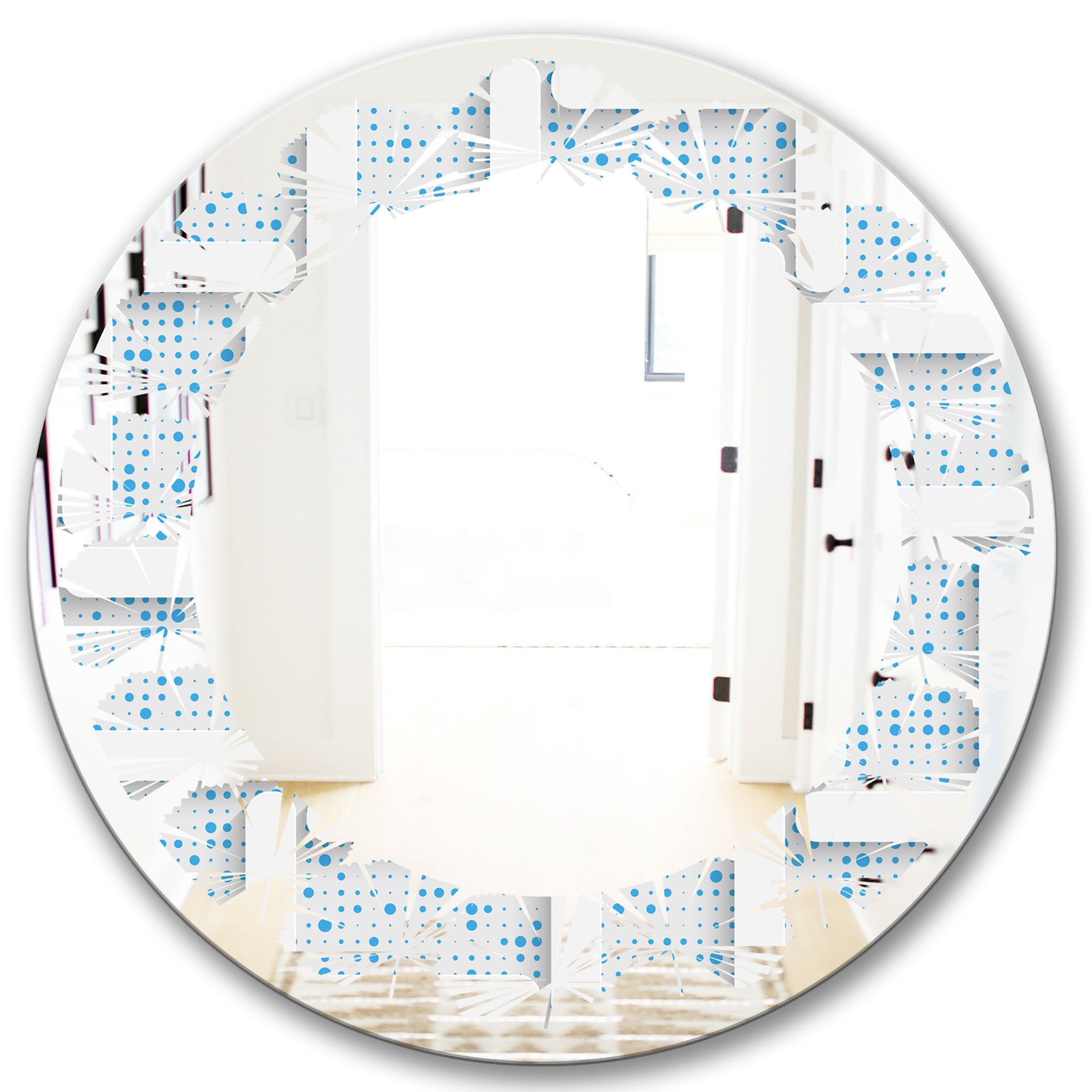 3D White and Light Blue Pattern I - Modern Round or Oval Wall Mirror - Leaves