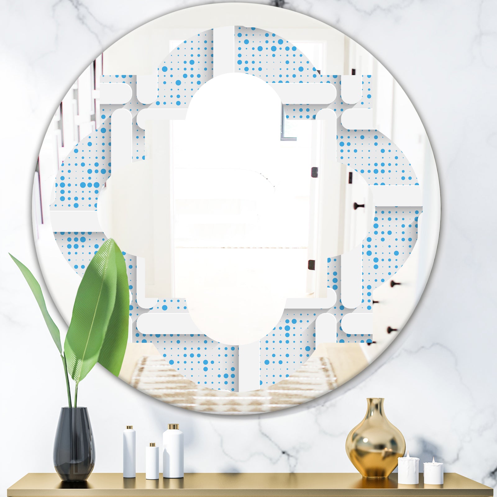 3D White and Light Blue Pattern I - Modern Round or Oval Wall Mirror - Quatrefoil