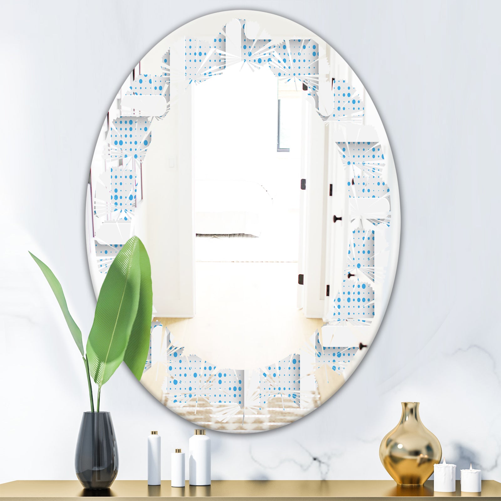 3D White and Light Blue Pattern I - Modern Round or Oval Wall Mirror - Leaves
