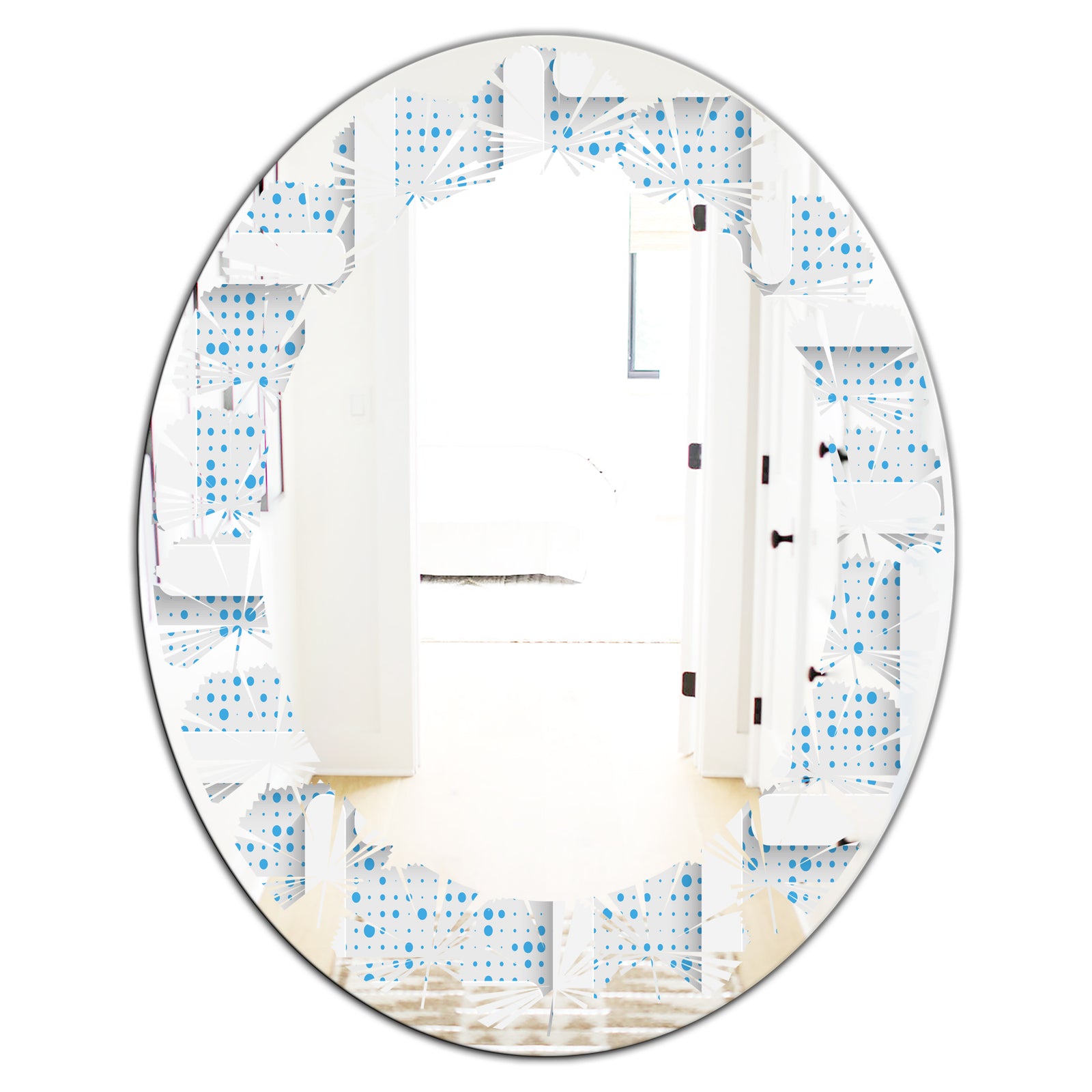 3D White and Light Blue Pattern I - Modern Round or Oval Wall Mirror - Leaves
