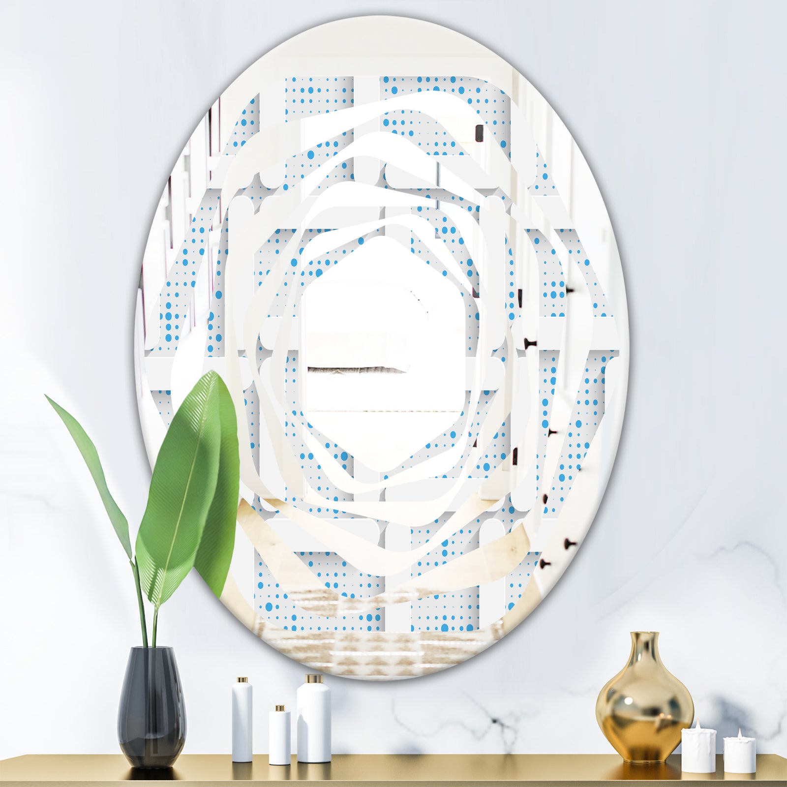 3D White and Light Blue Pattern I - Modern Round or Oval Wall Mirror - Whirl