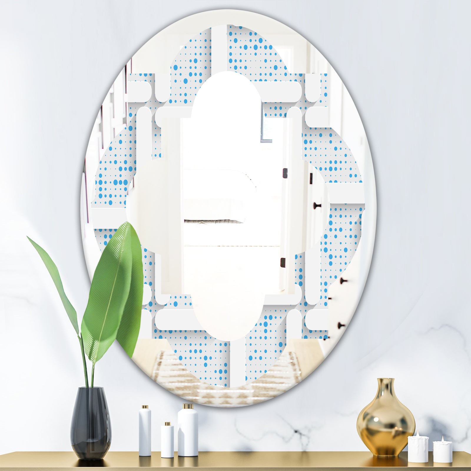 3D White and Light Blue Pattern I - Modern Round or Oval Wall Mirror - Quatrefoil