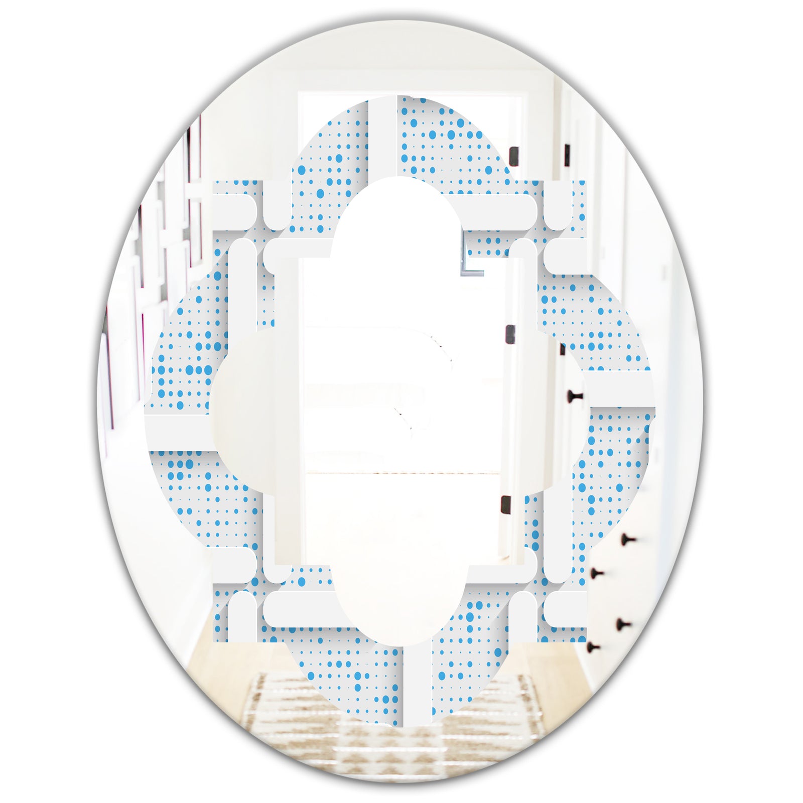 3D White and Light Blue Pattern I - Modern Round or Oval Wall Mirror - Quatrefoil