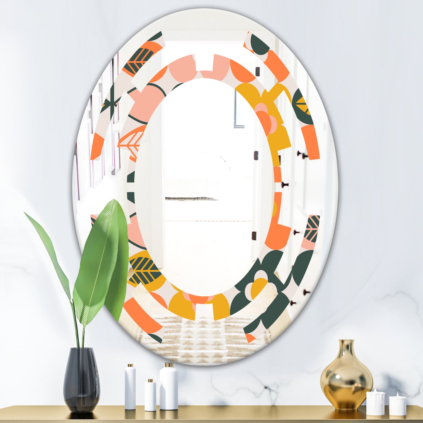 Botanical Retro Design II - Modern Round or Oval Wall Mirror - Space