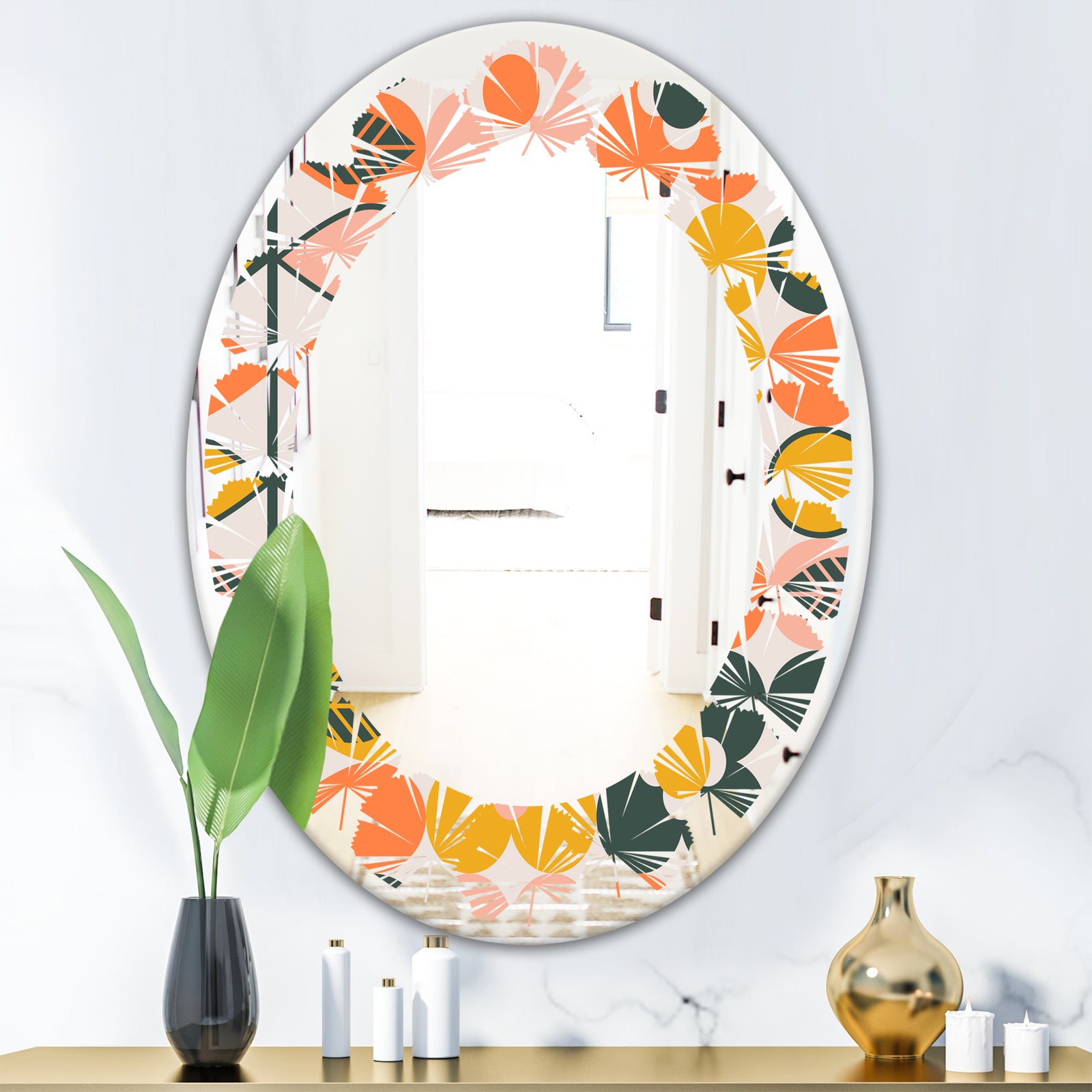 Botanical Retro Design II - Modern Round or Oval Wall Mirror - Leaves