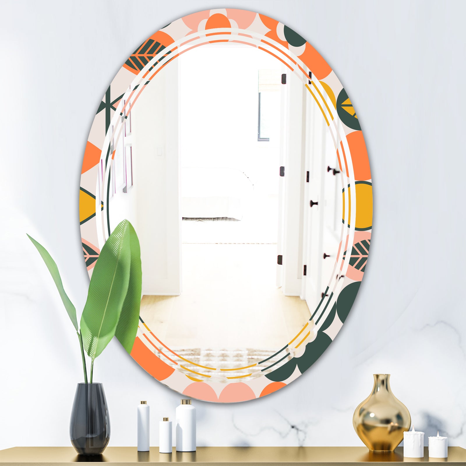 Botanical Retro Design II - Modern Round or Oval Wall Mirror - Triple C