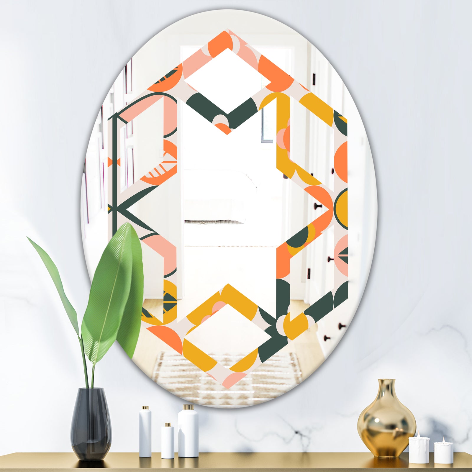 Botanical Retro Design II - Modern Round or Oval Wall Mirror - Hexagon Star