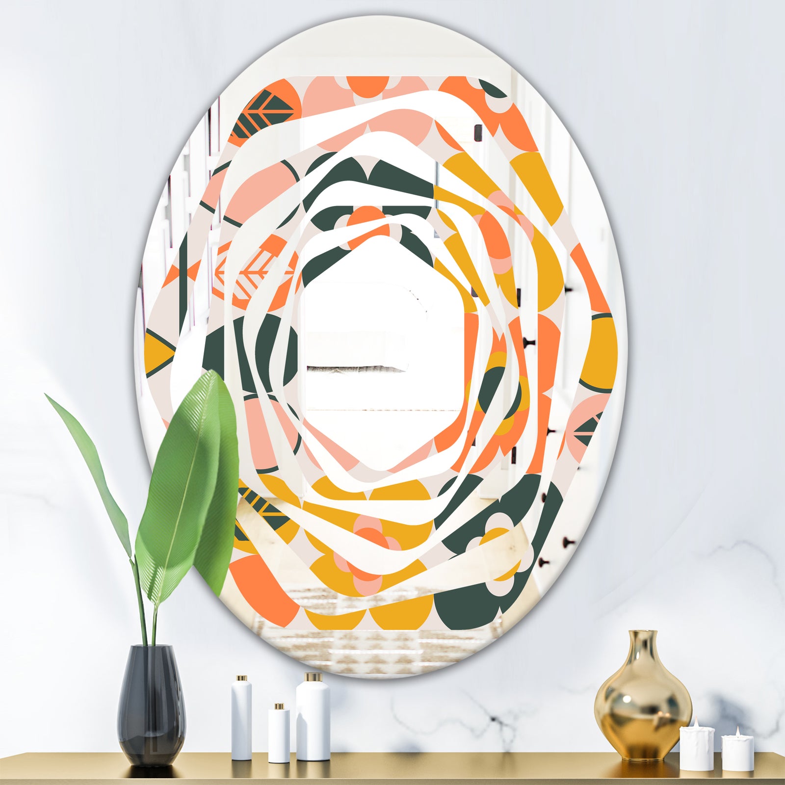 Botanical Retro Design II - Modern Round or Oval Wall Mirror - Whirl