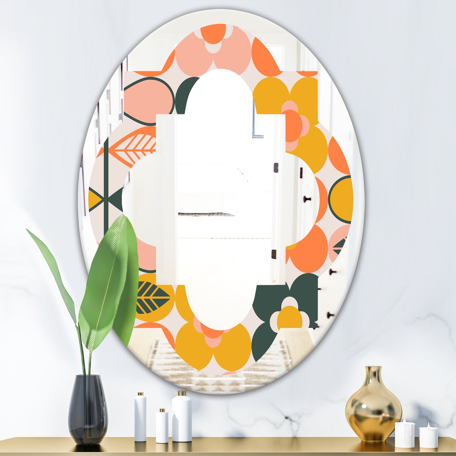 Botanical Retro Design II - Modern Round or Oval Wall Mirror - Quatrefoil