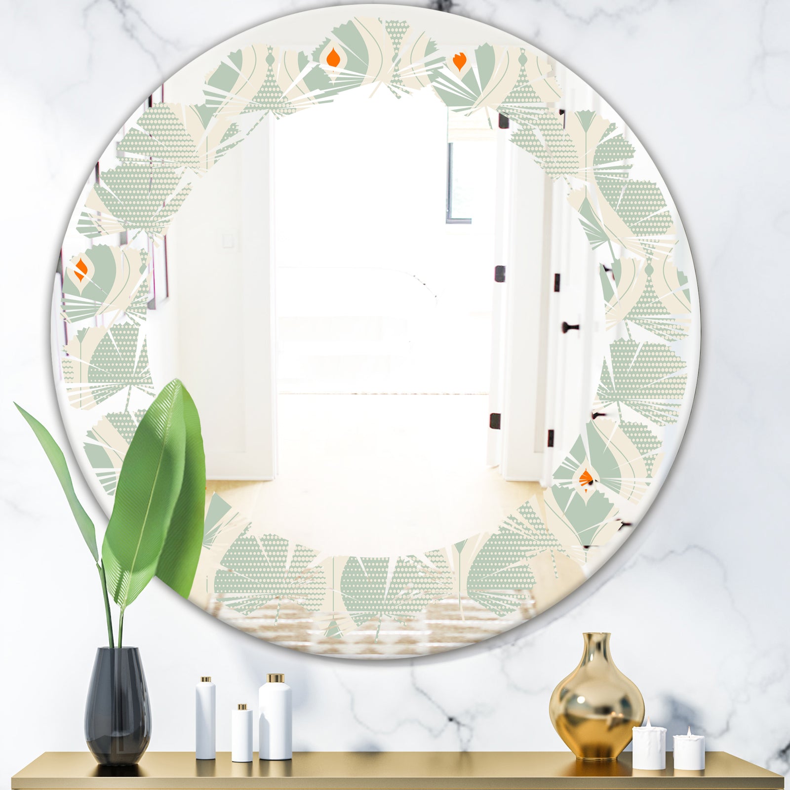 Retro Abstract Drops VII - Modern Round or Oval Wall Mirror - Leaves
