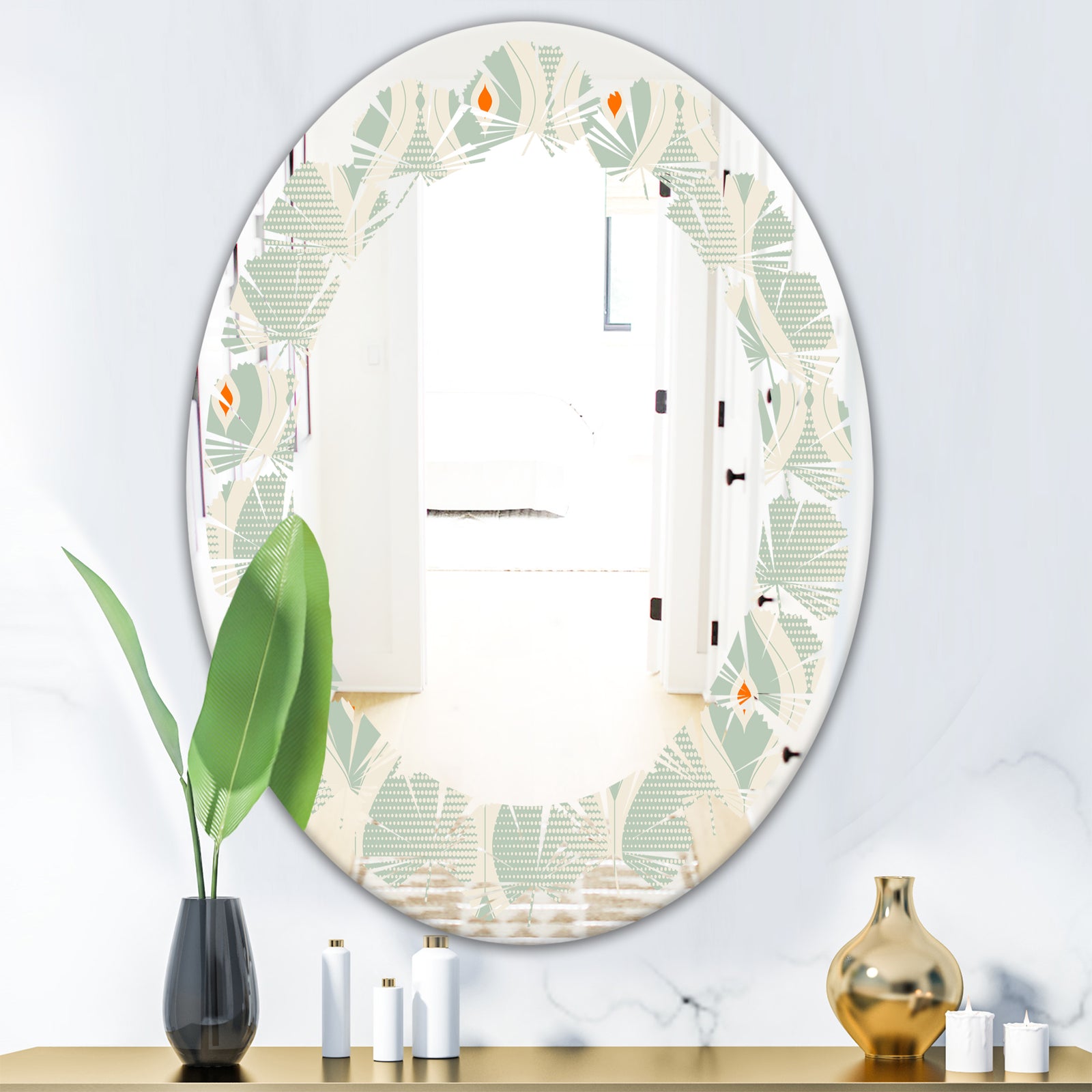 Retro Abstract Drops VII - Modern Round or Oval Wall Mirror - Leaves