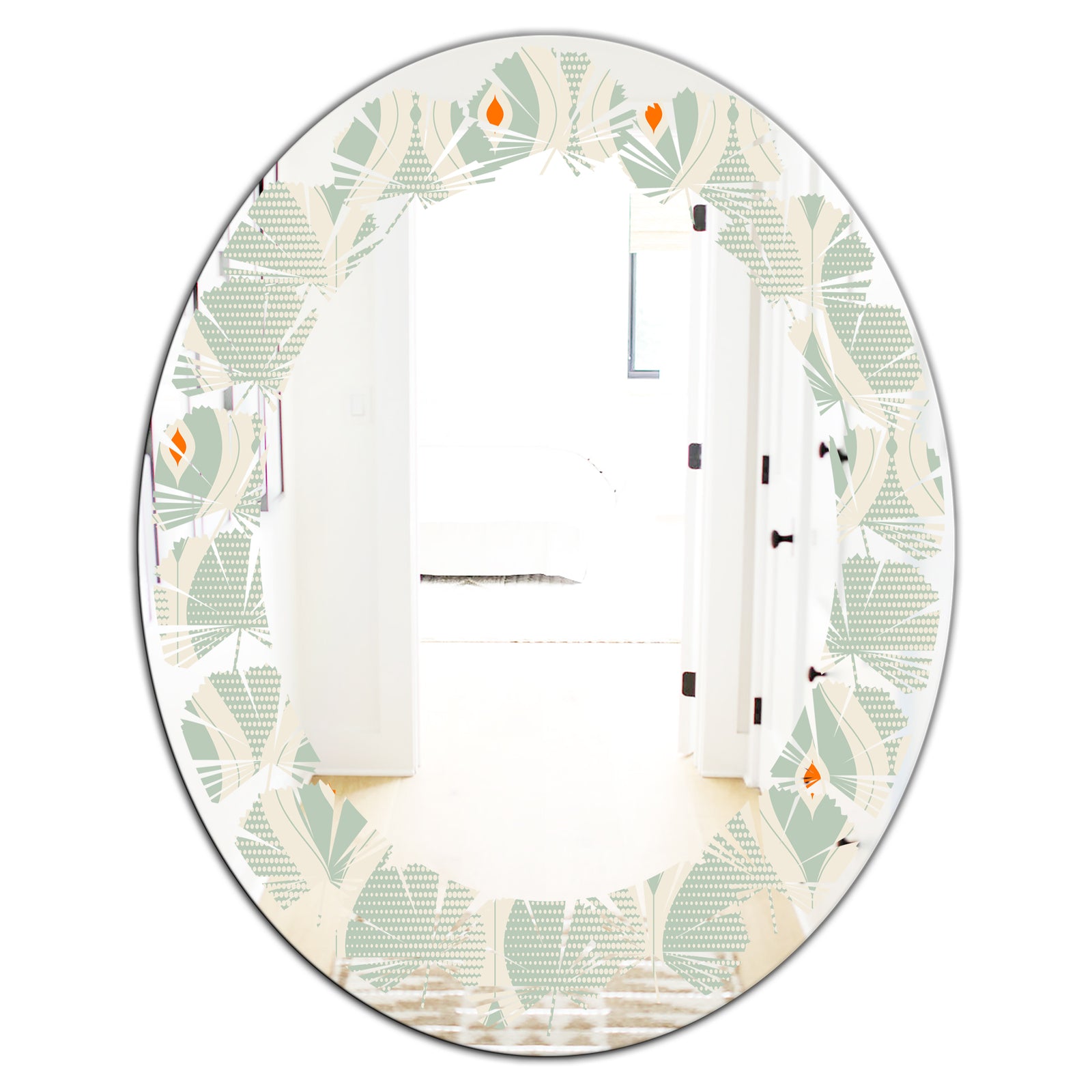 Retro Abstract Drops VII - Modern Round or Oval Wall Mirror - Leaves