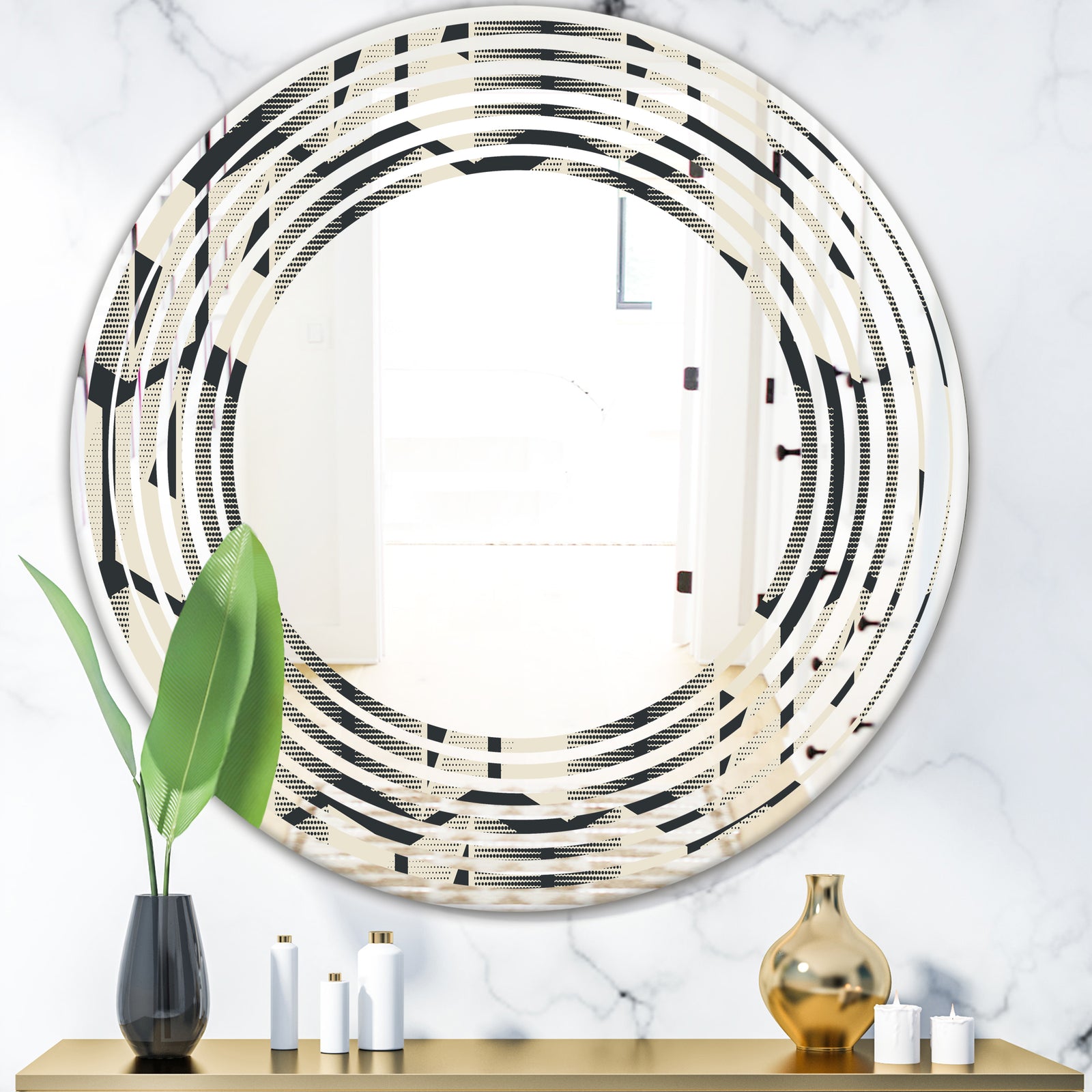 Abstract Retro Triangular Geometrics - Modern Round or Oval Wall Mirror - Wave