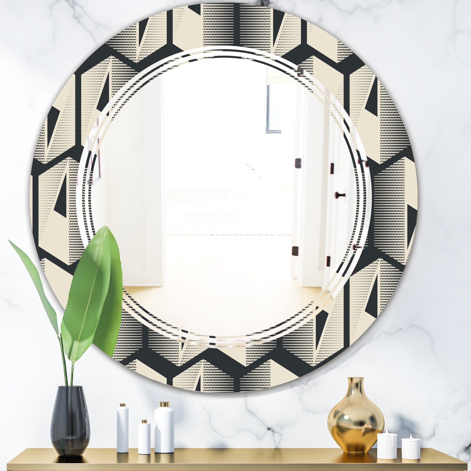 Abstract Retro Triangular Geometrics - Modern Round or Oval Wall Mirror - Triple C
