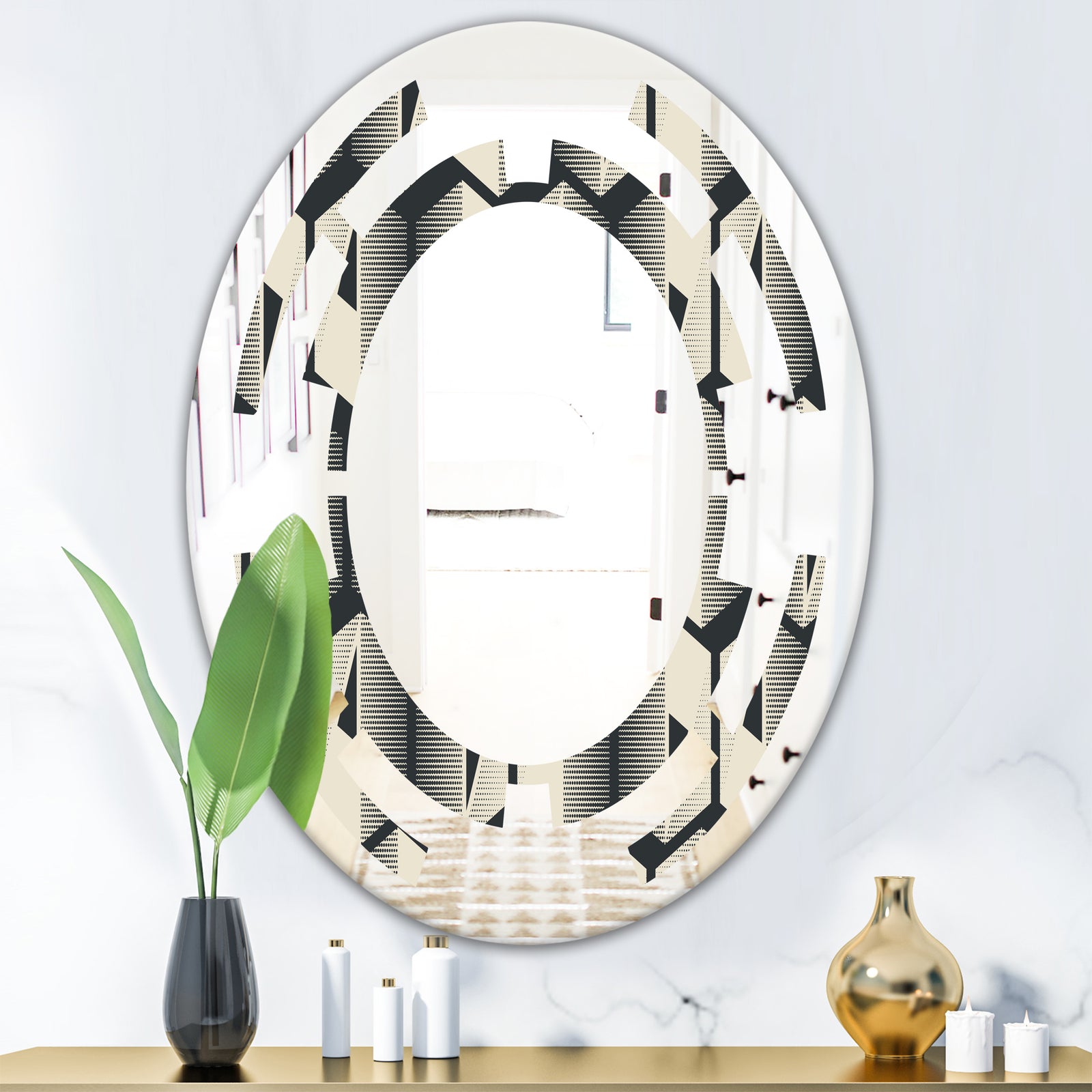 Abstract Retro Triangular Geometrics - Modern Round or Oval Wall Mirror - Space
