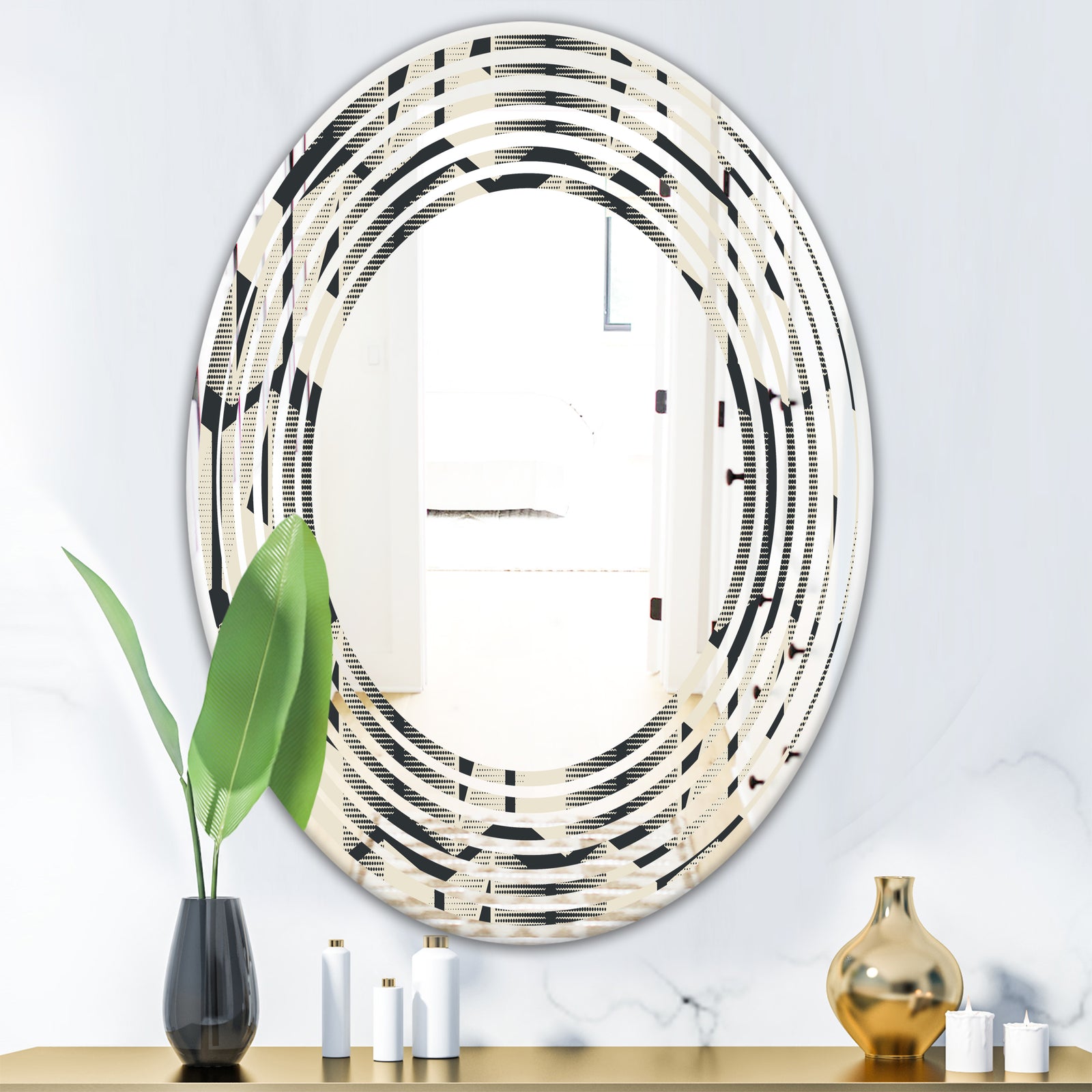 Abstract Retro Triangular Geometrics - Modern Round or Oval Wall Mirror - Wave