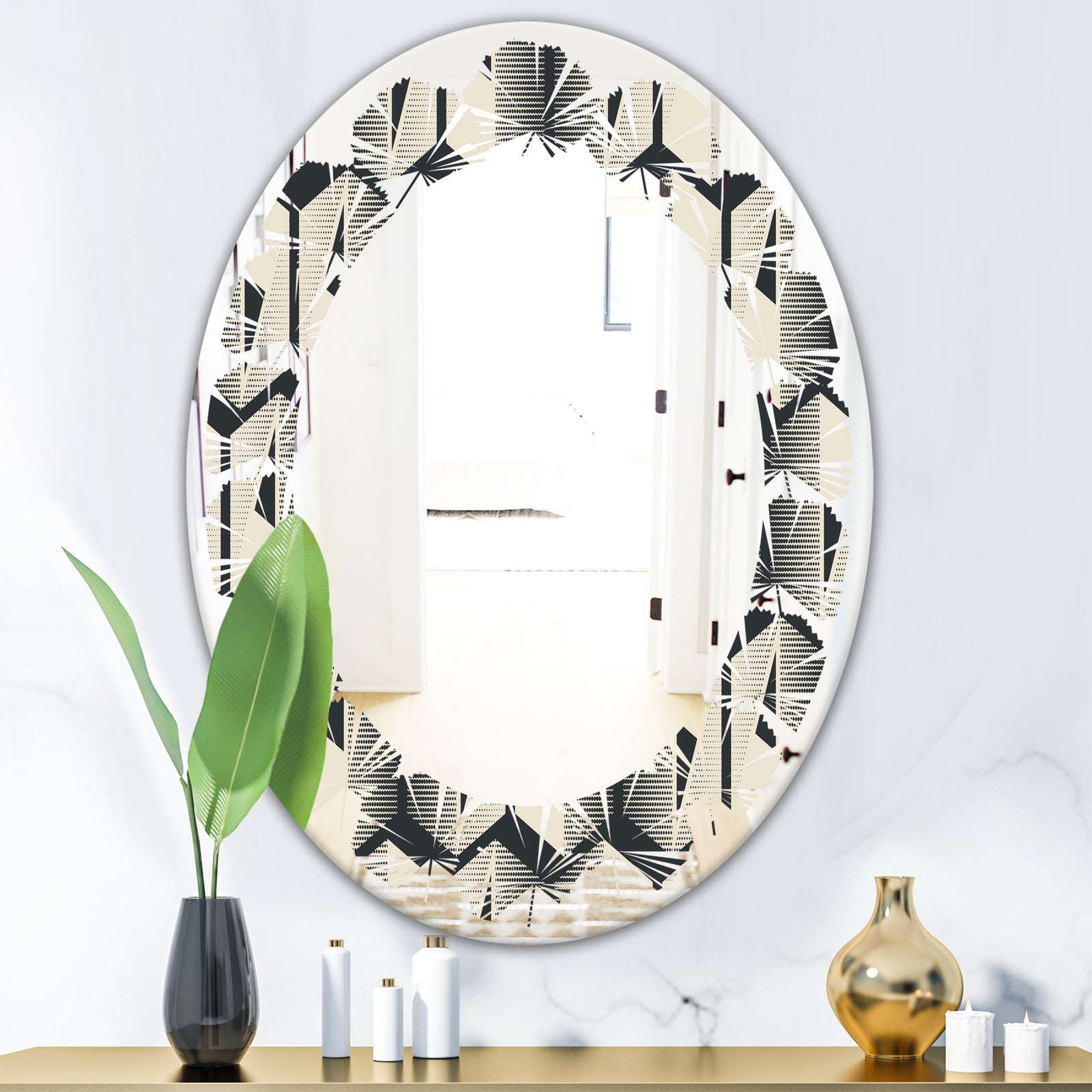 Abstract Retro Triangular Geometrics - Modern Round or Oval Wall Mirror - Leaves