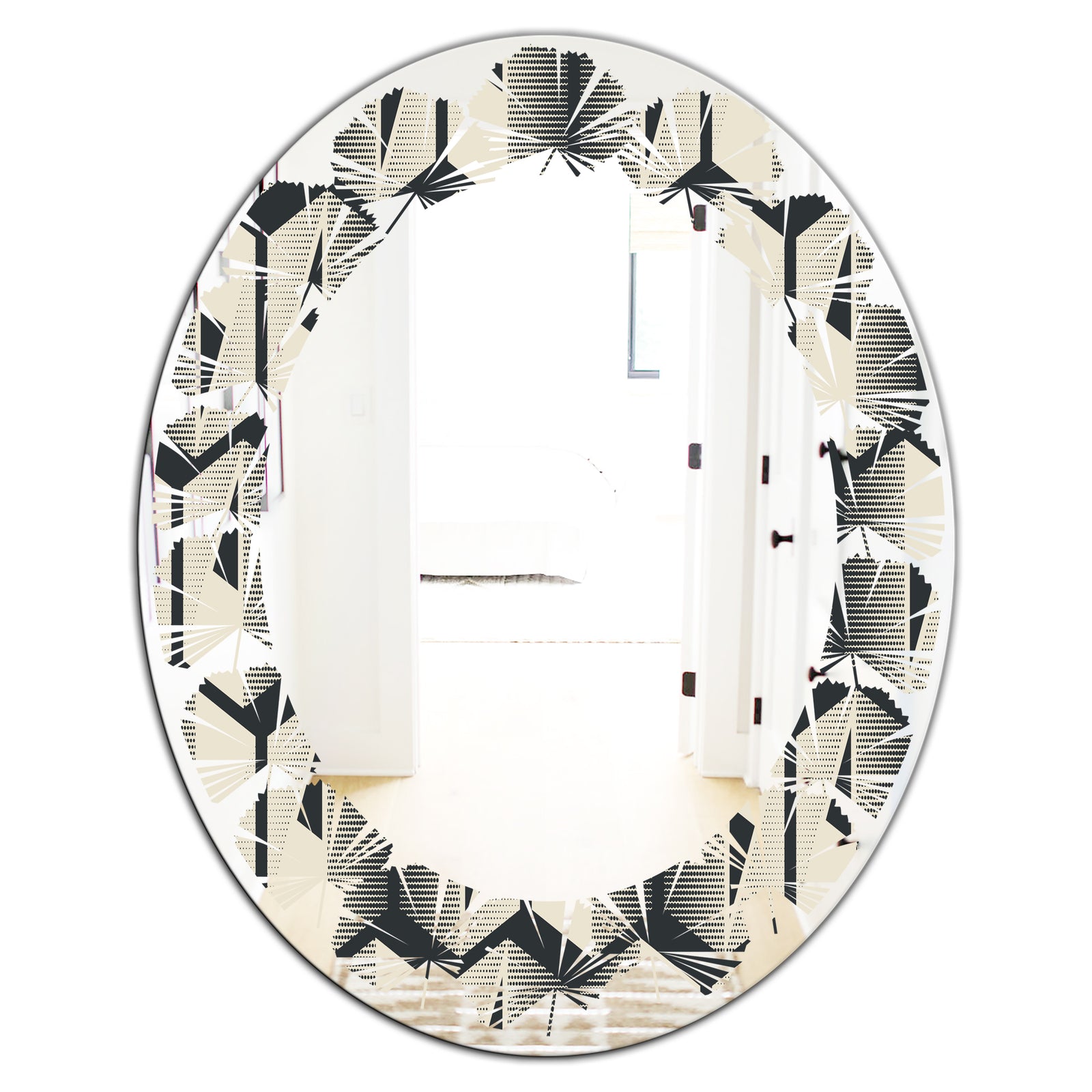 Abstract Retro Triangular Geometrics - Modern Round or Oval Wall Mirror - Leaves