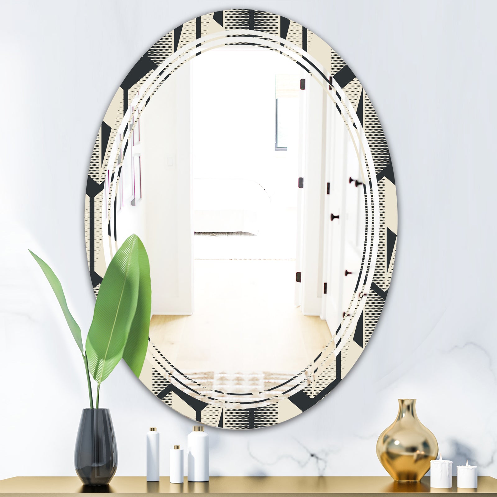Abstract Retro Triangular Geometrics - Modern Round or Oval Wall Mirror - Triple C