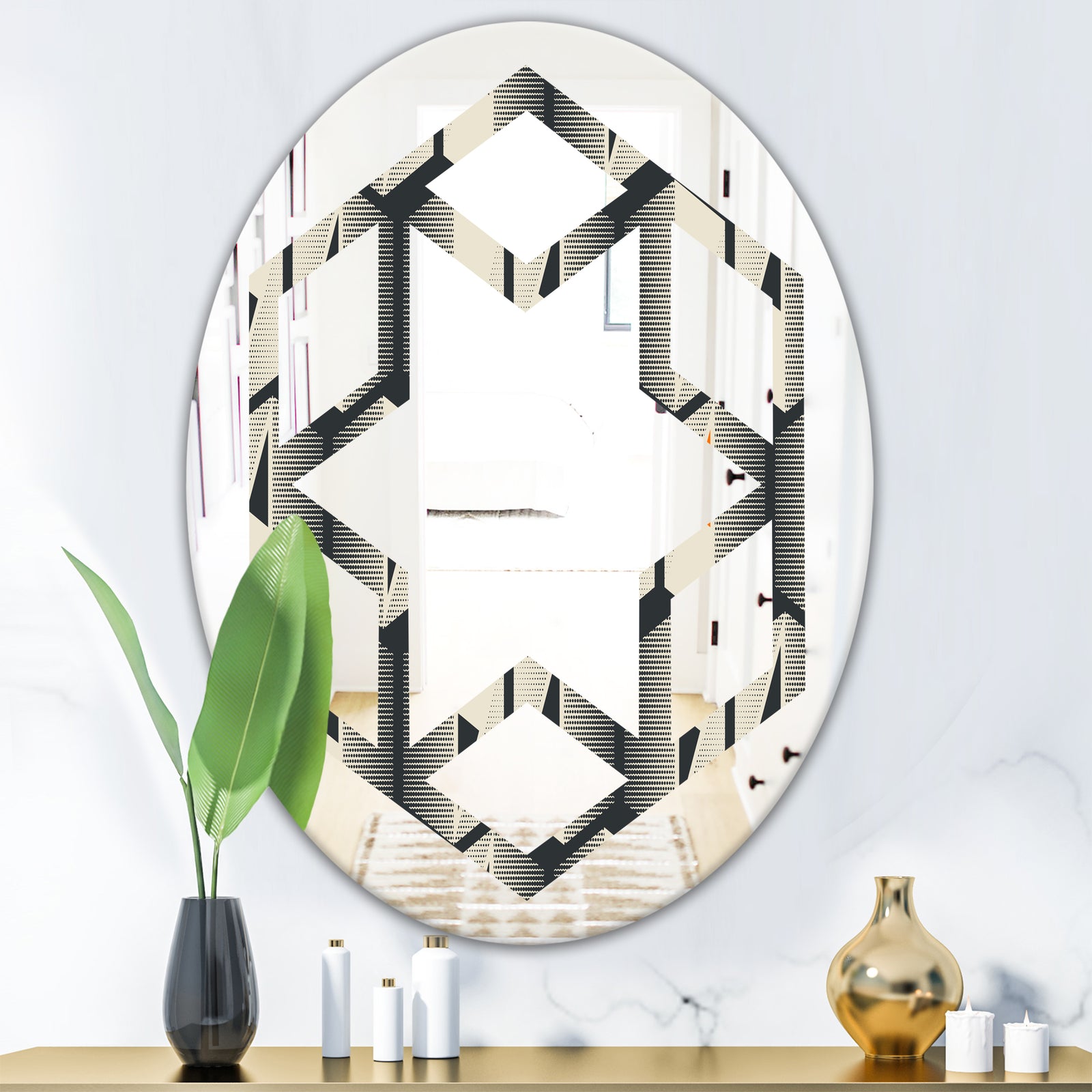 Abstract Retro Triangular Geometrics - Modern Round or Oval Wall Mirror - Hexagon Star