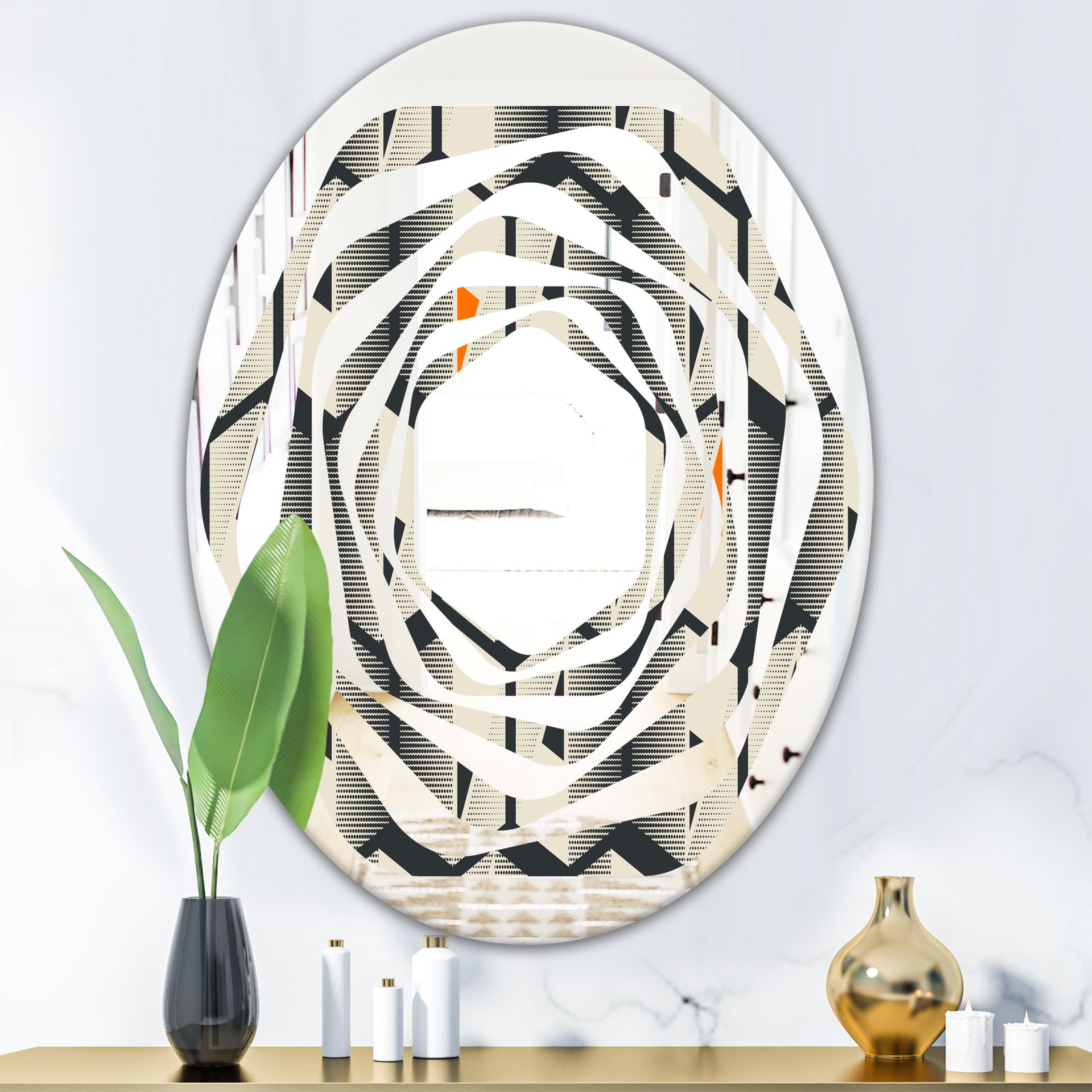 Abstract Retro Triangular Geometrics - Modern Round or Oval Wall Mirror - Whirl