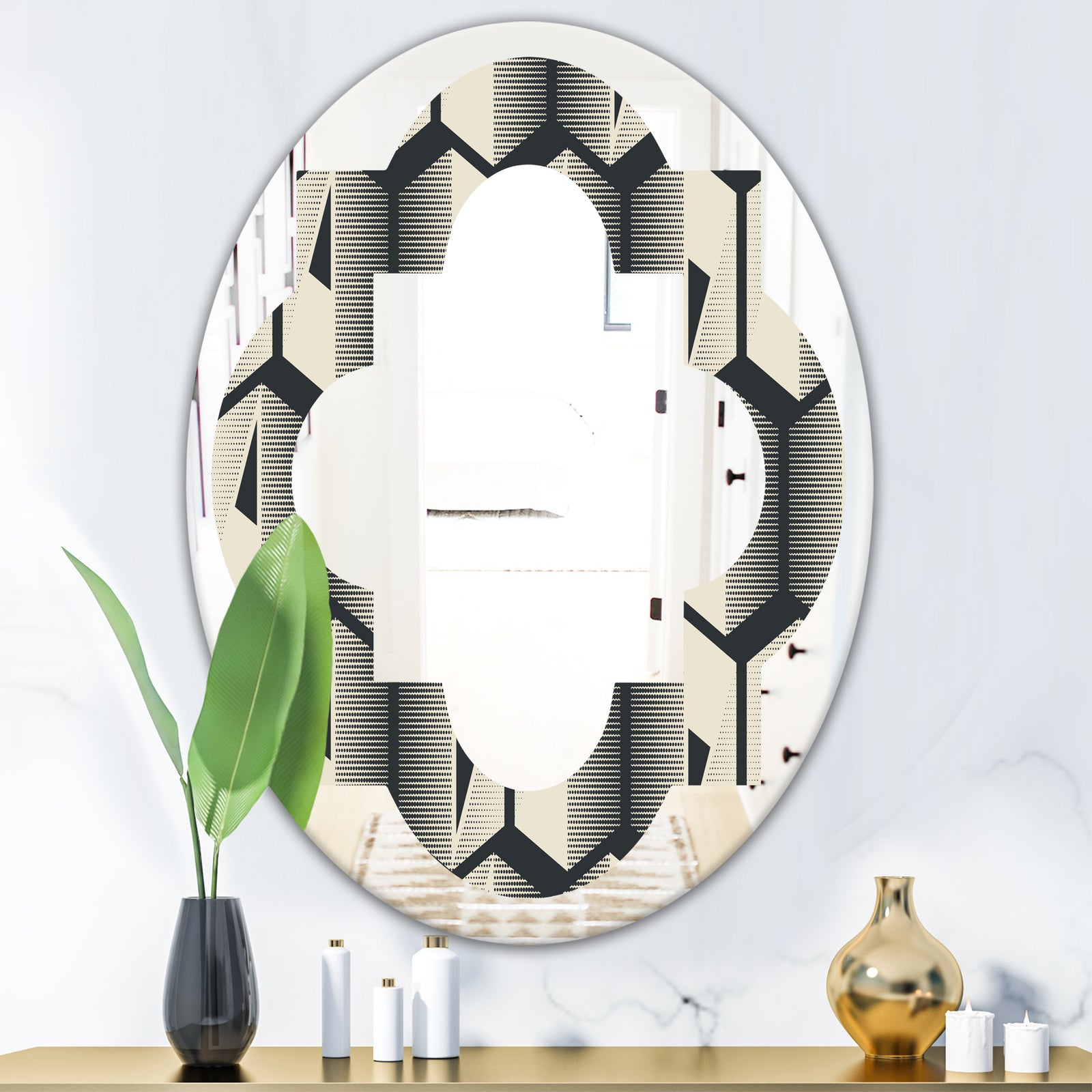 Abstract Retro Triangular Geometrics - Modern Round or Oval Wall Mirror - Quatrefoil