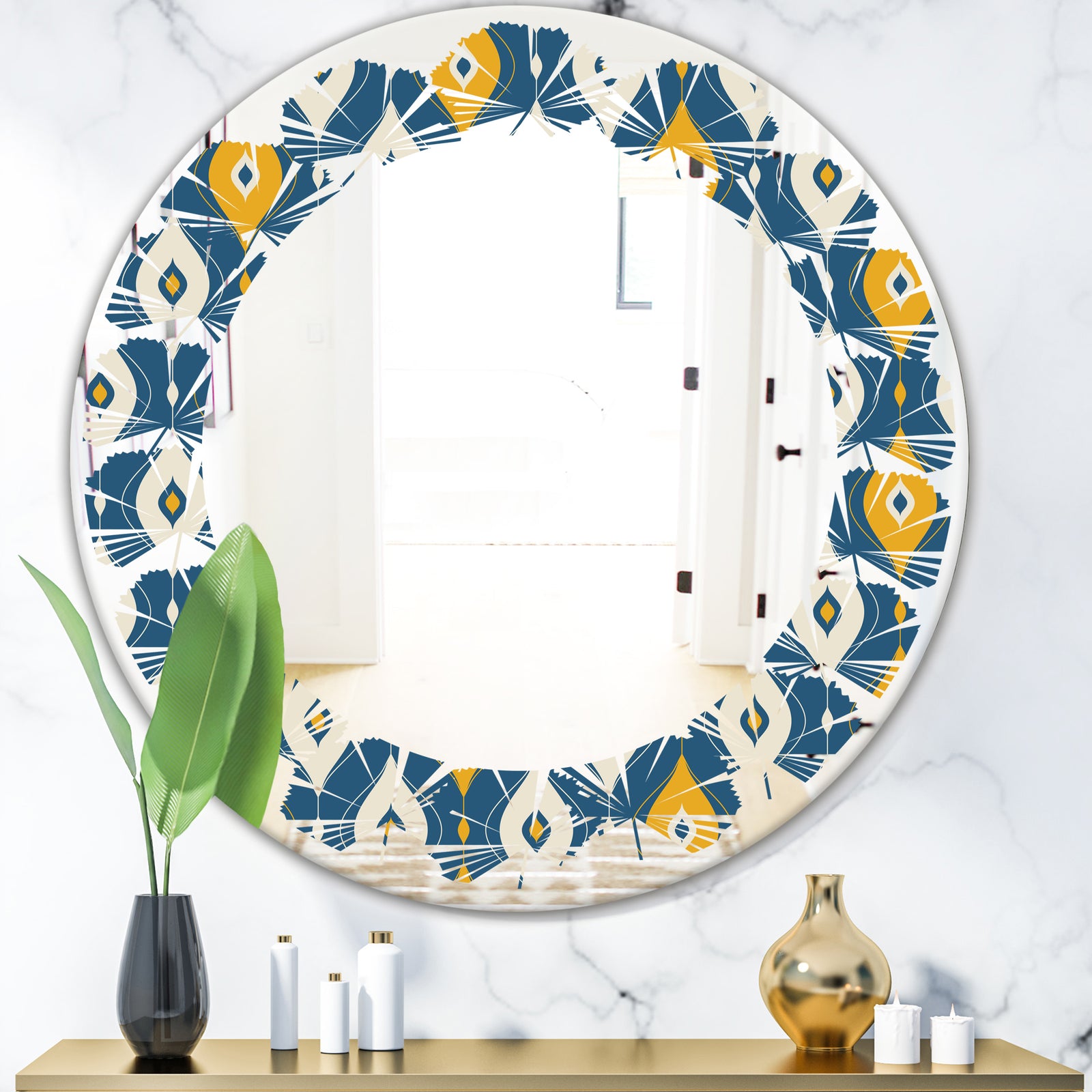 Retro Abstract Pattern II - Modern Round or Oval Wall Mirror - Leaves