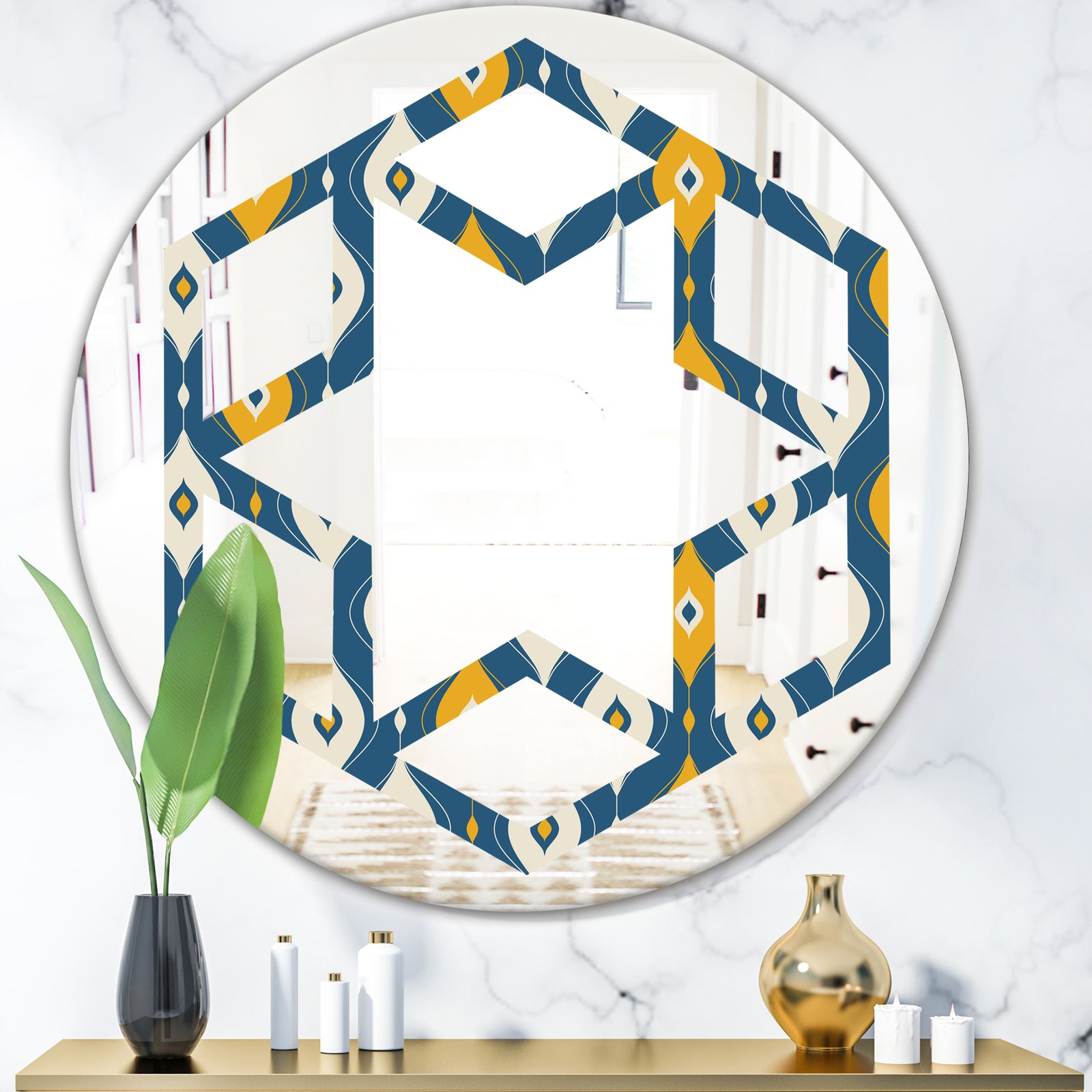 Retro Abstract Pattern II - Modern Round or Oval Wall Mirror - Hexagon Star