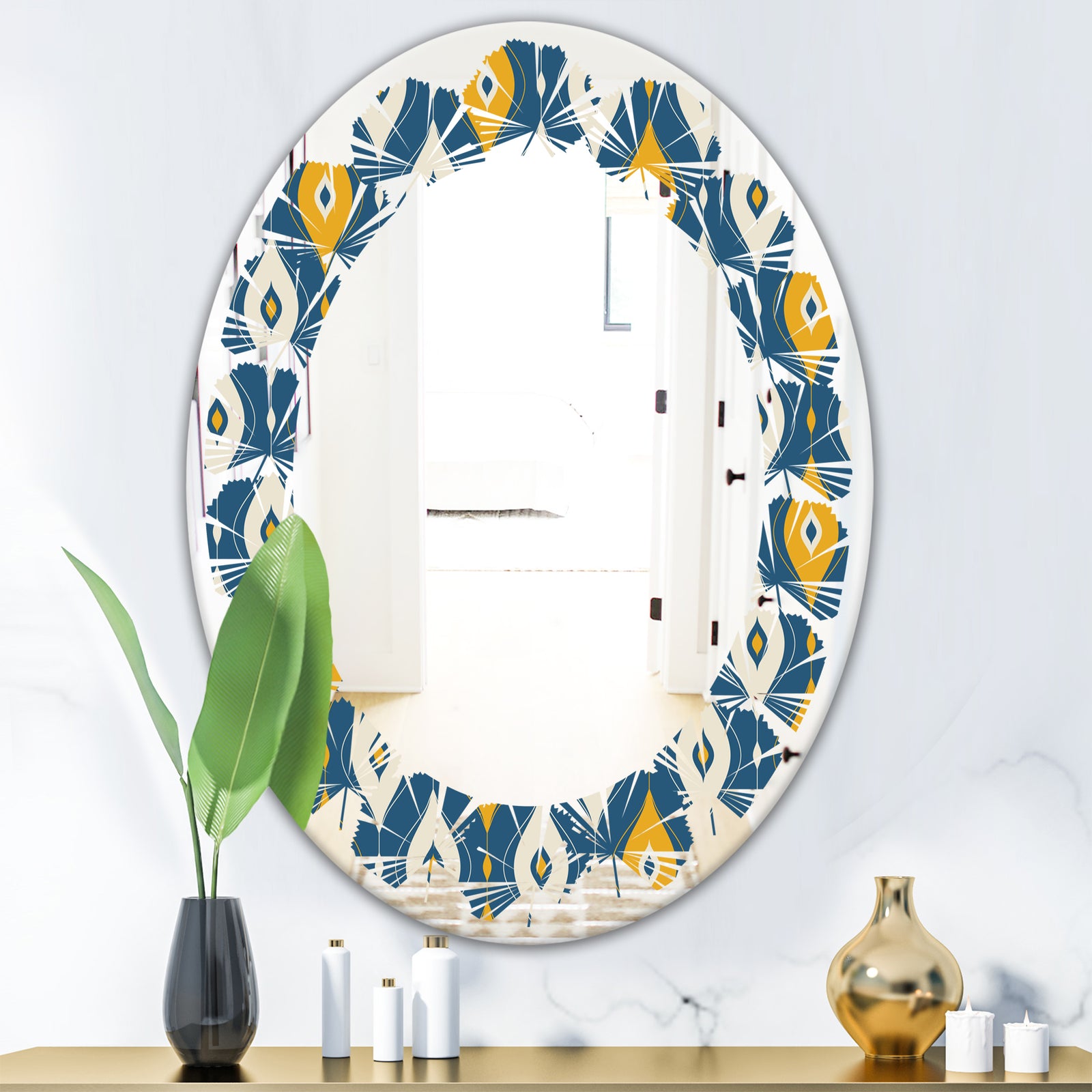 Retro Abstract Pattern II - Modern Round or Oval Wall Mirror - Leaves