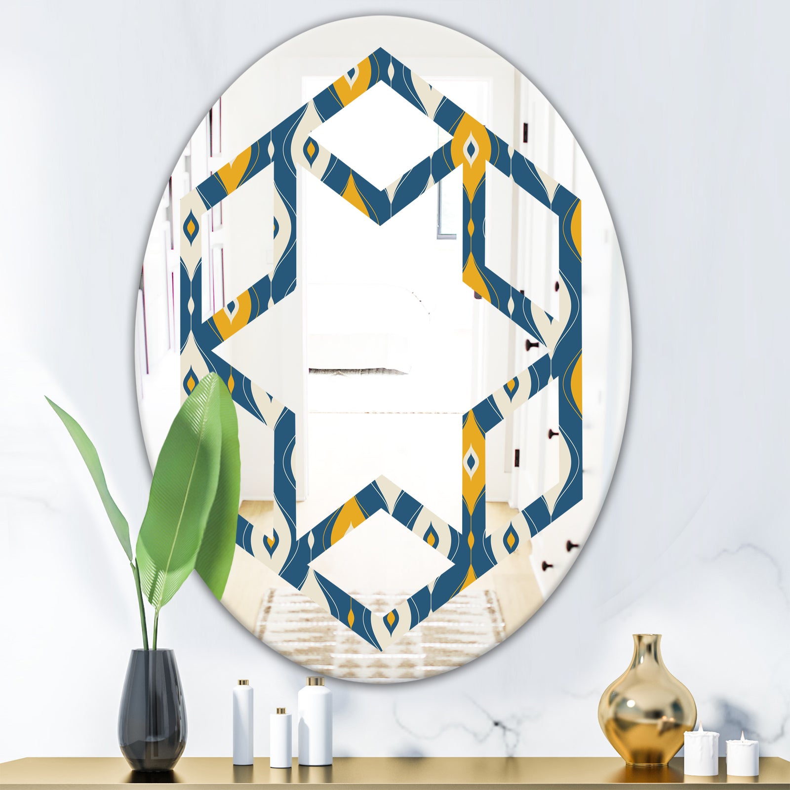 Retro Abstract Pattern II - Modern Round or Oval Wall Mirror - Hexagon Star