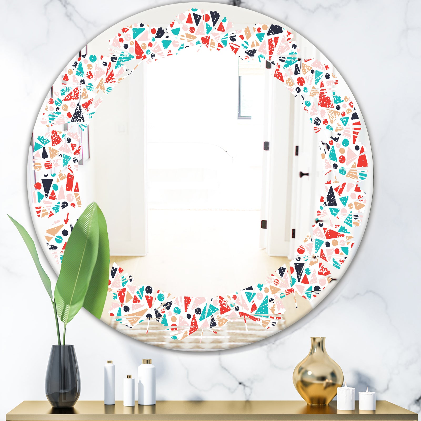 Retro Abstract Pattern Design II - Modern Round or Oval Wall Mirror - Leaves