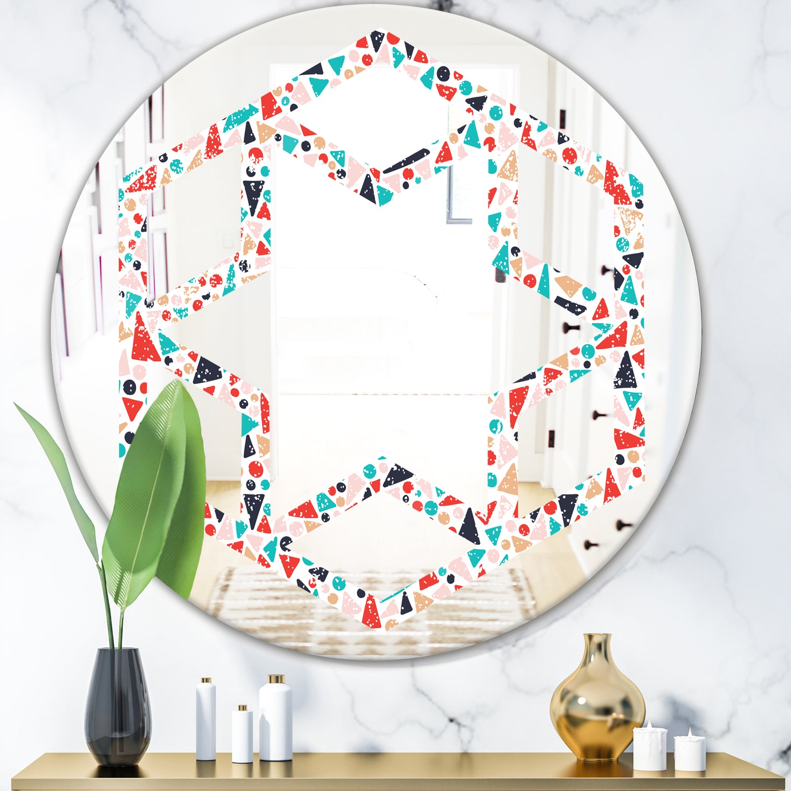 Retro Abstract Pattern Design II - Modern Round or Oval Wall Mirror - Hexagon Star