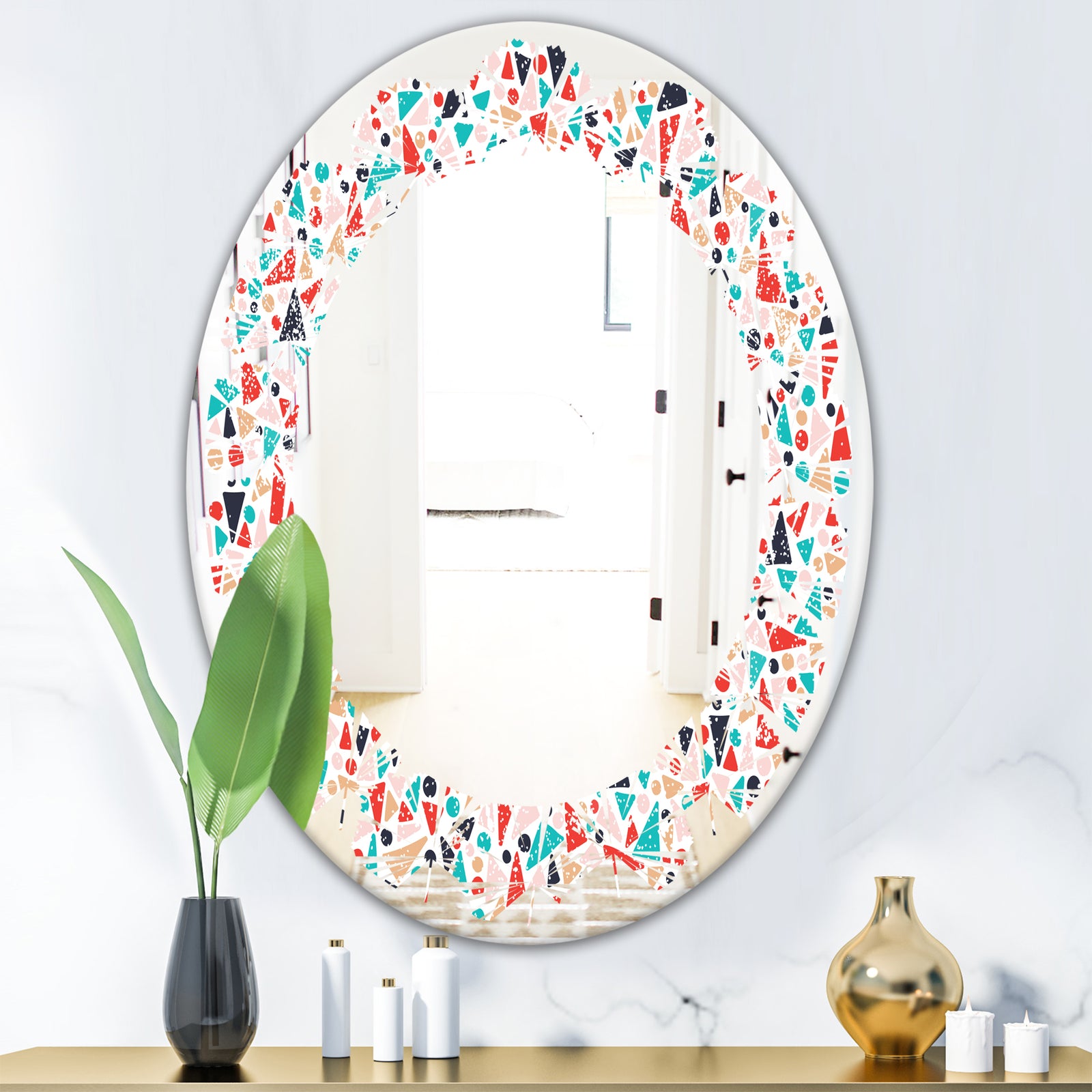 Retro Abstract Pattern Design II - Modern Round or Oval Wall Mirror - Leaves