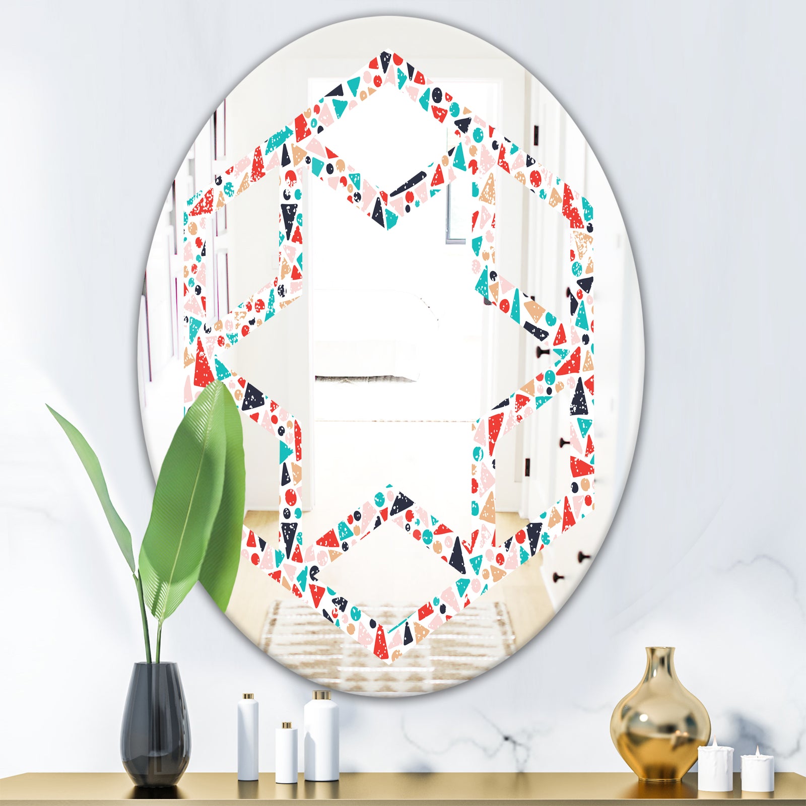 Retro Abstract Pattern Design II - Modern Round or Oval Wall Mirror - Hexagon Star