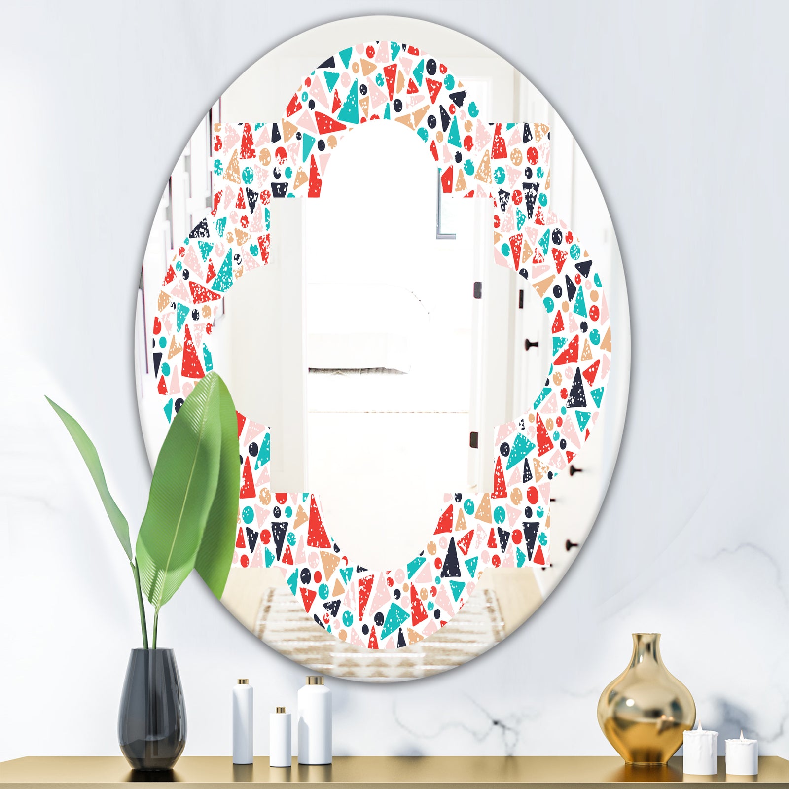 Retro Abstract Pattern Design II - Modern Round or Oval Wall Mirror - Quatrefoil