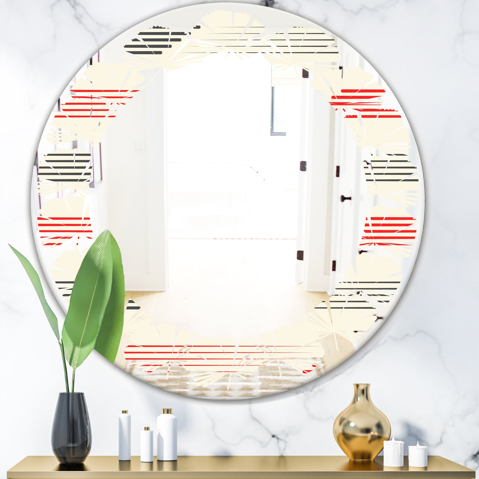 Horizontal Retro Geometrical Pattern I - Modern Round or Oval Wall Mirror - Leaves