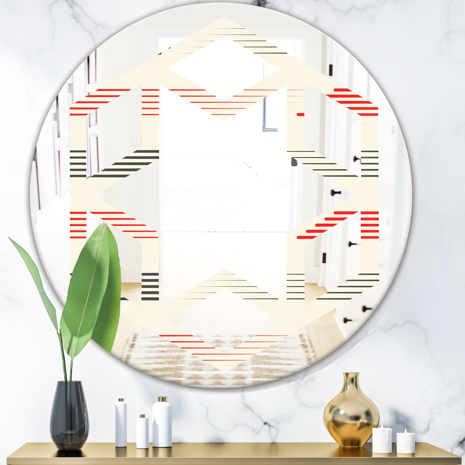 Horizontal Retro Geometrical Pattern I - Modern Round or Oval Wall Mirror - Hexagon Star
