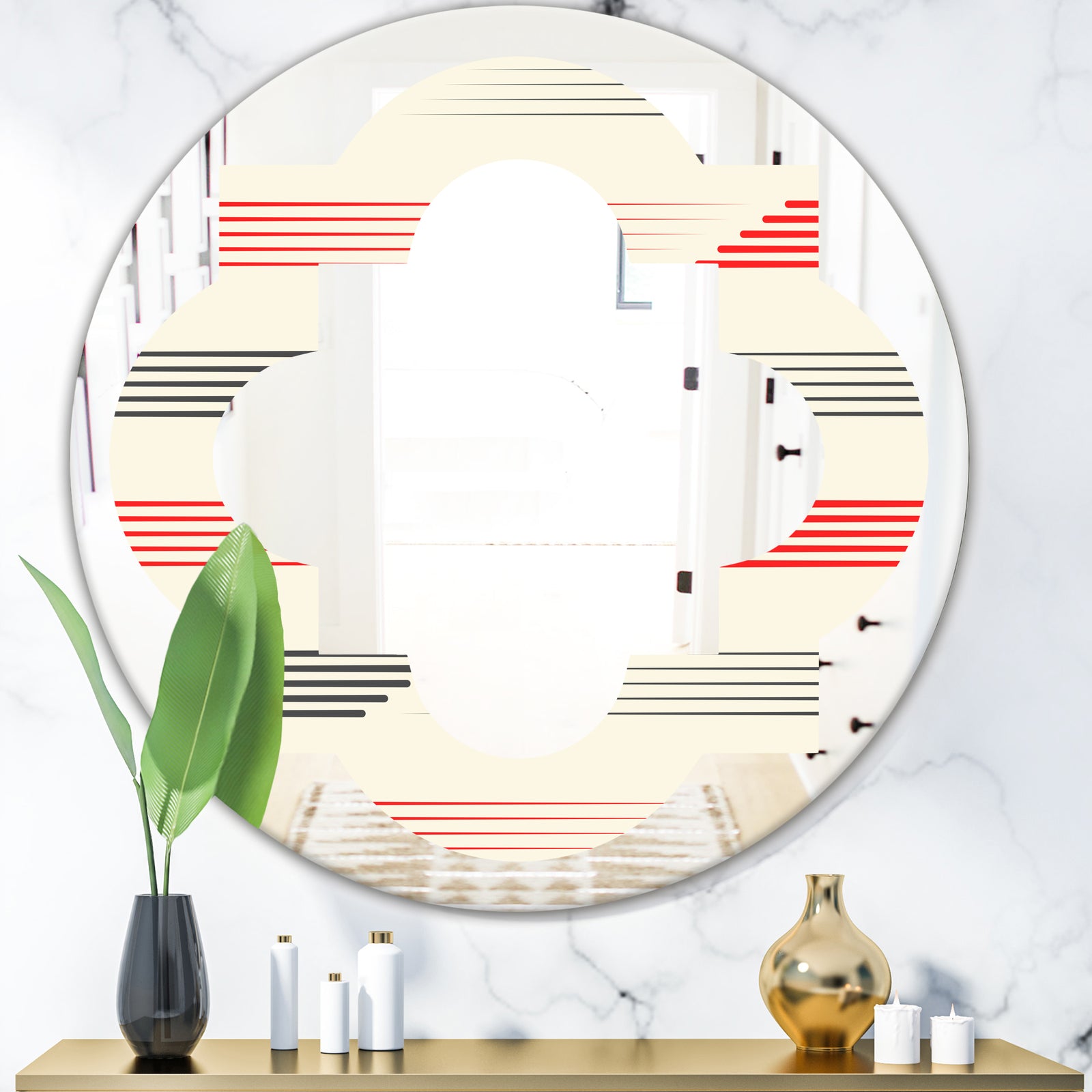 Horizontal Retro Geometrical Pattern I - Modern Round or Oval Wall Mirror - Quatrefoil