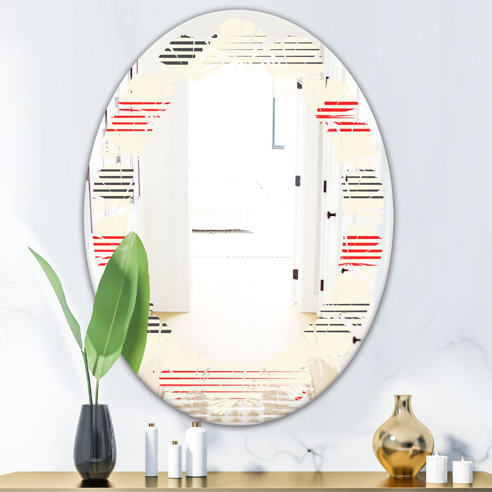 Horizontal Retro Geometrical Pattern I - Modern Round or Oval Wall Mirror - Leaves
