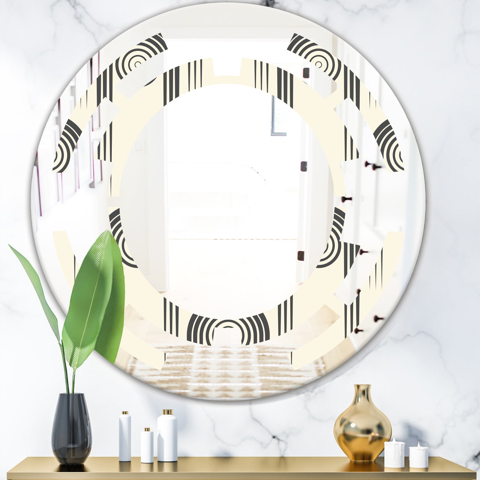 Retro Curved Minimal Geometric Ornament II - Modern Round or Oval Wall Mirror - Space