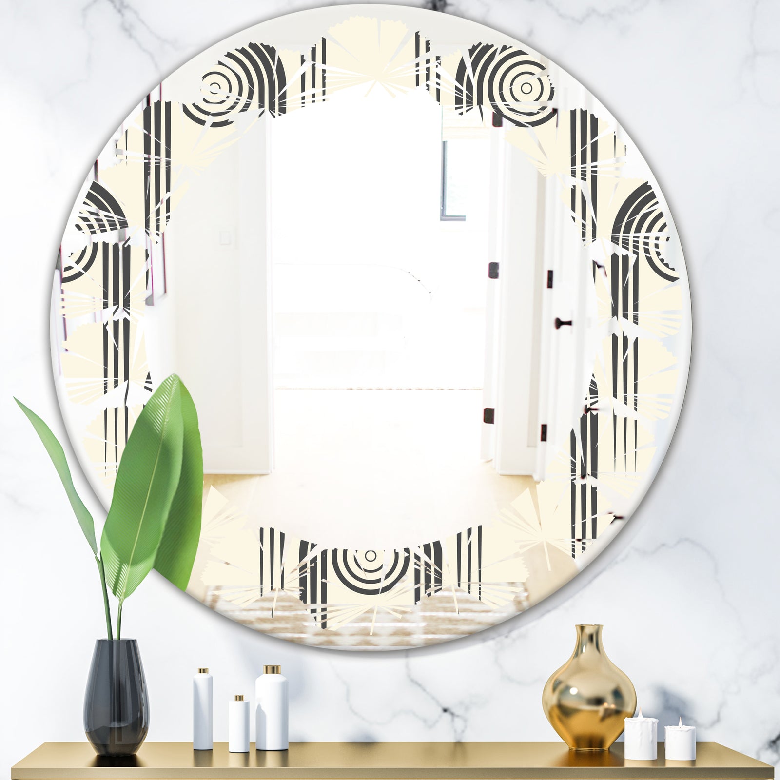 Retro Curved Minimal Geometric Ornament II - Modern Round or Oval Wall Mirror - Leaves