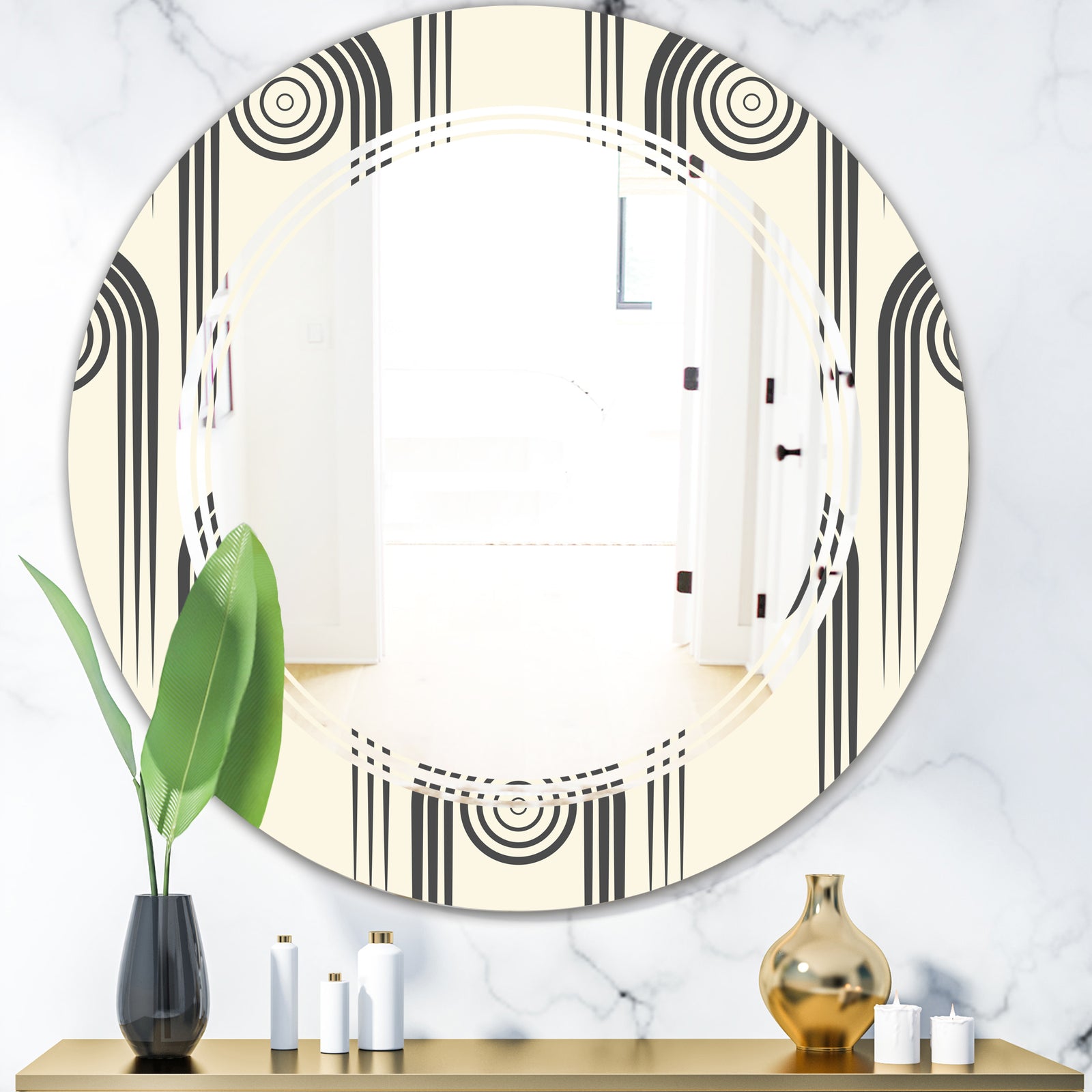 Retro Curved Minimal Geometric Ornament II - Modern Round or Oval Wall Mirror - Triple C