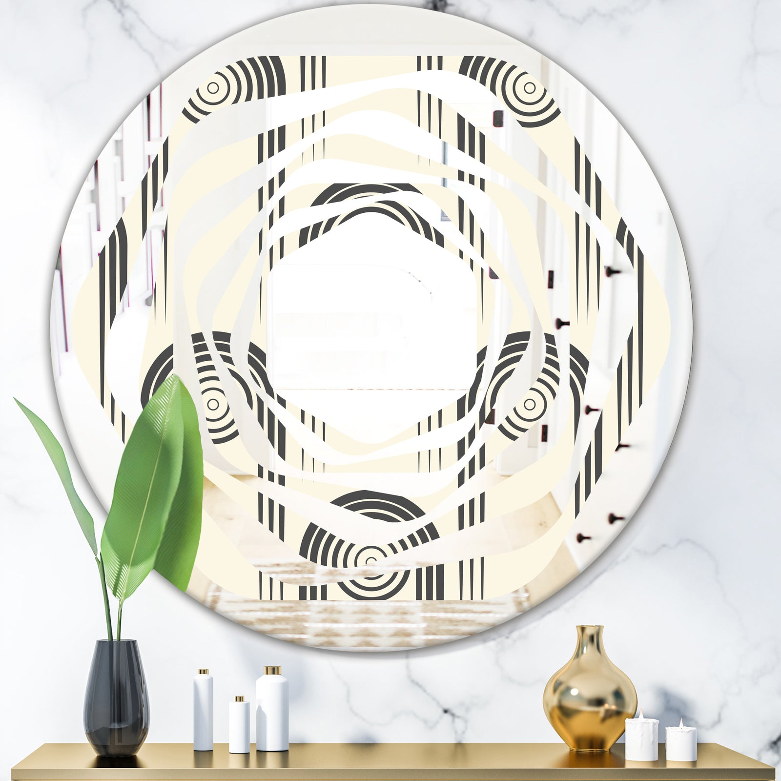 Retro Curved Minimal Geometric Ornament II - Modern Round or Oval Wall Mirror - Whirl