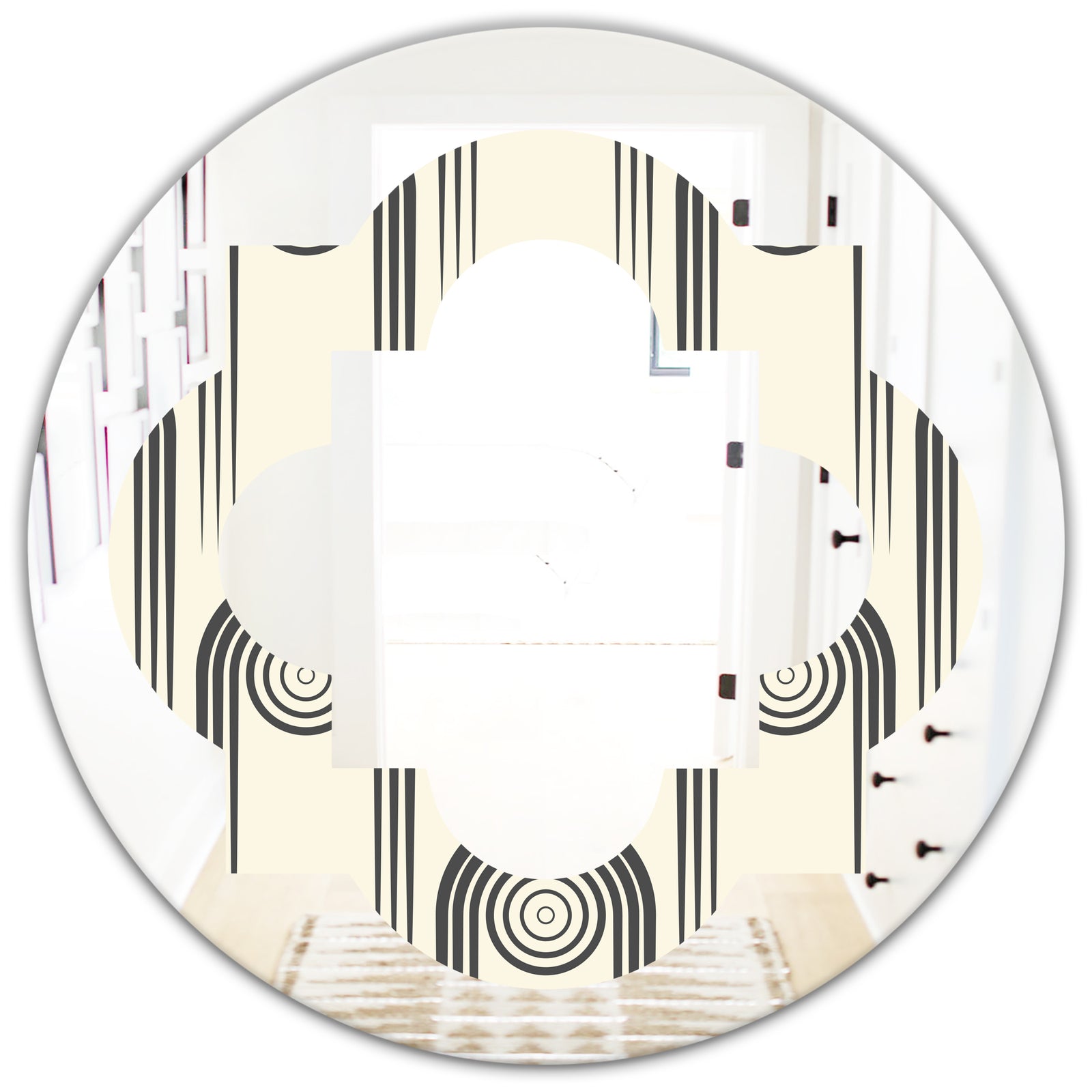 Retro Curved Minimal Geometric Ornament II - Modern Round or Oval Wall Mirror - Quatrefoil