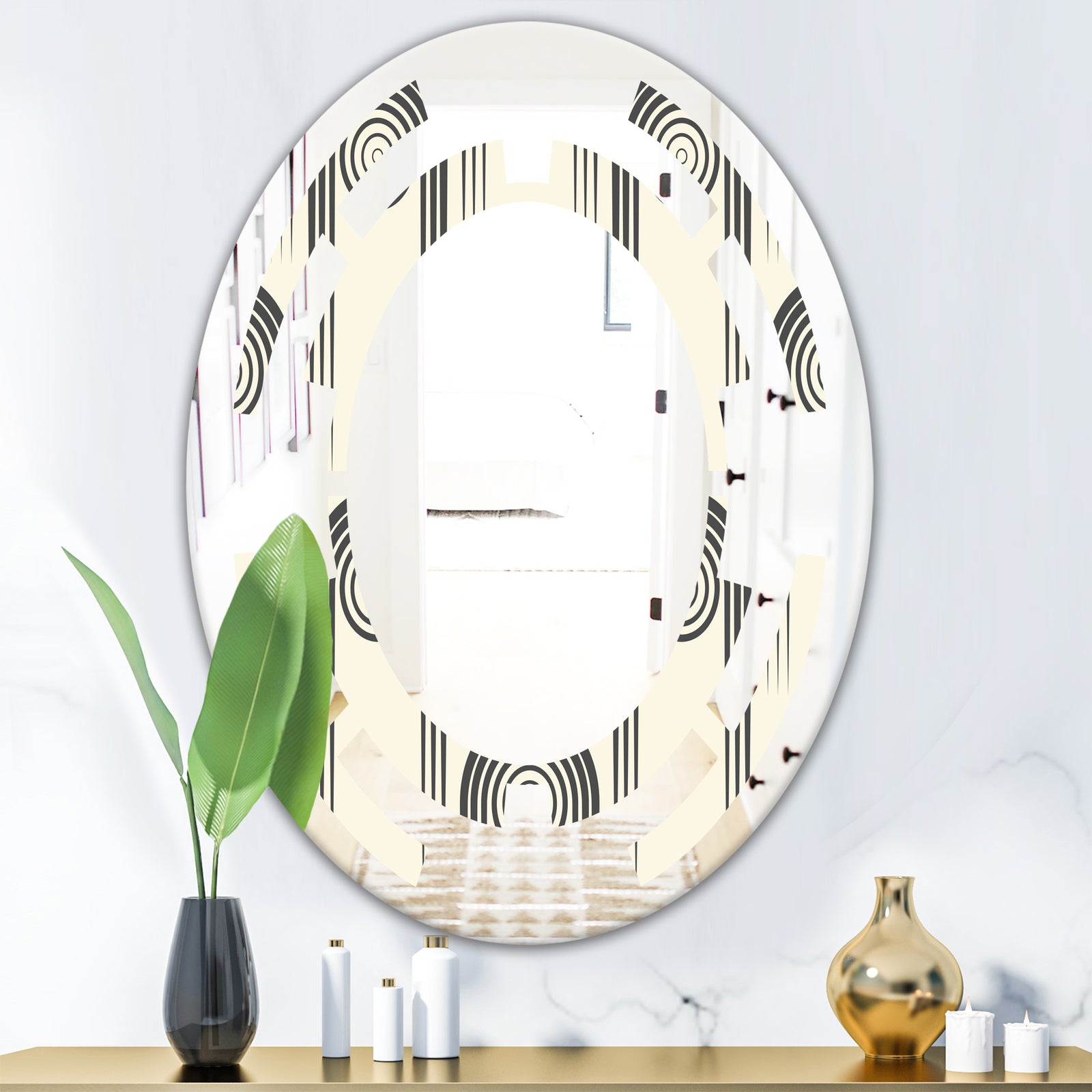 Retro Curved Minimal Geometric Ornament II - Modern Round or Oval Wall Mirror - Space