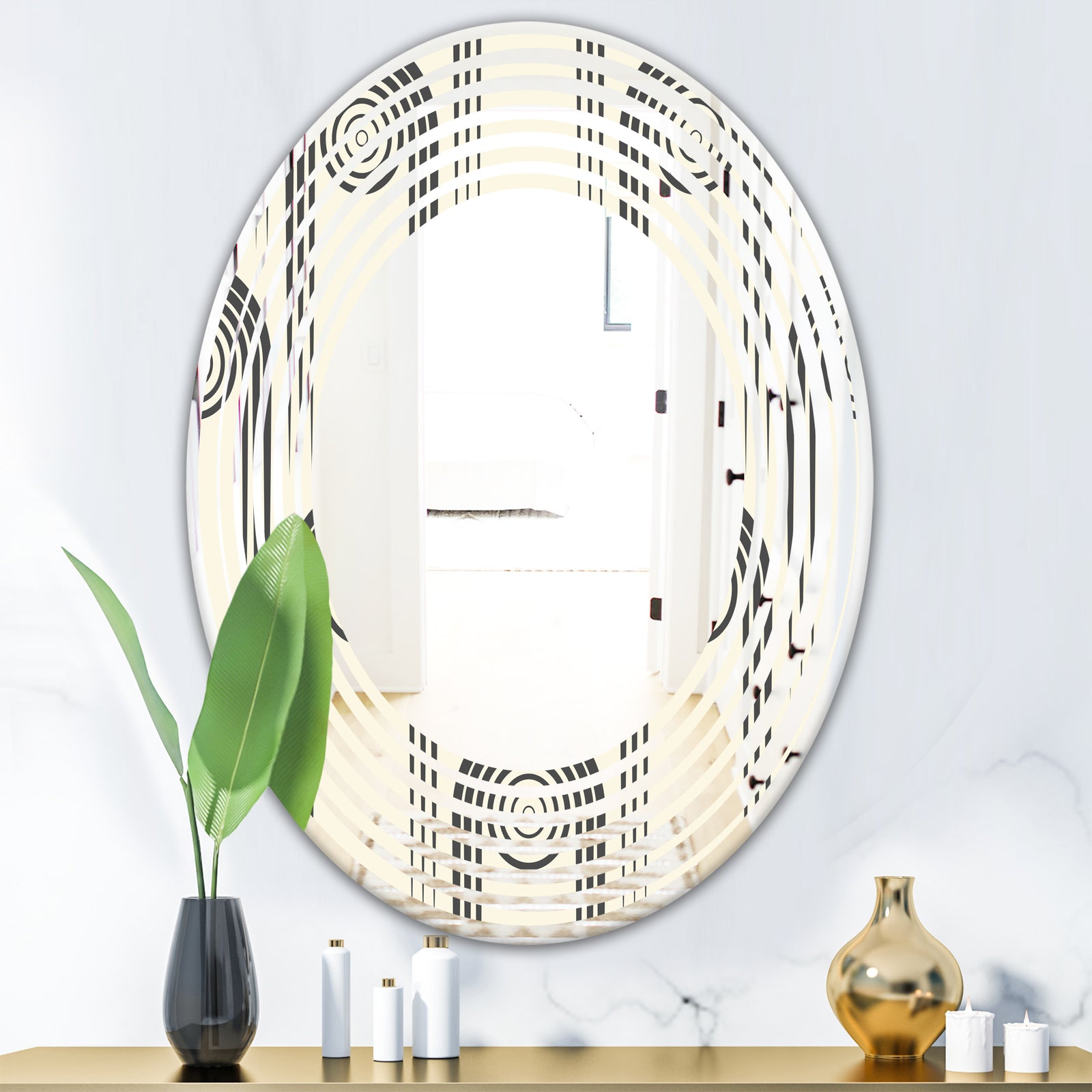 Retro Curved Minimal Geometric Ornament II - Modern Round or Oval Wall Mirror - Wave