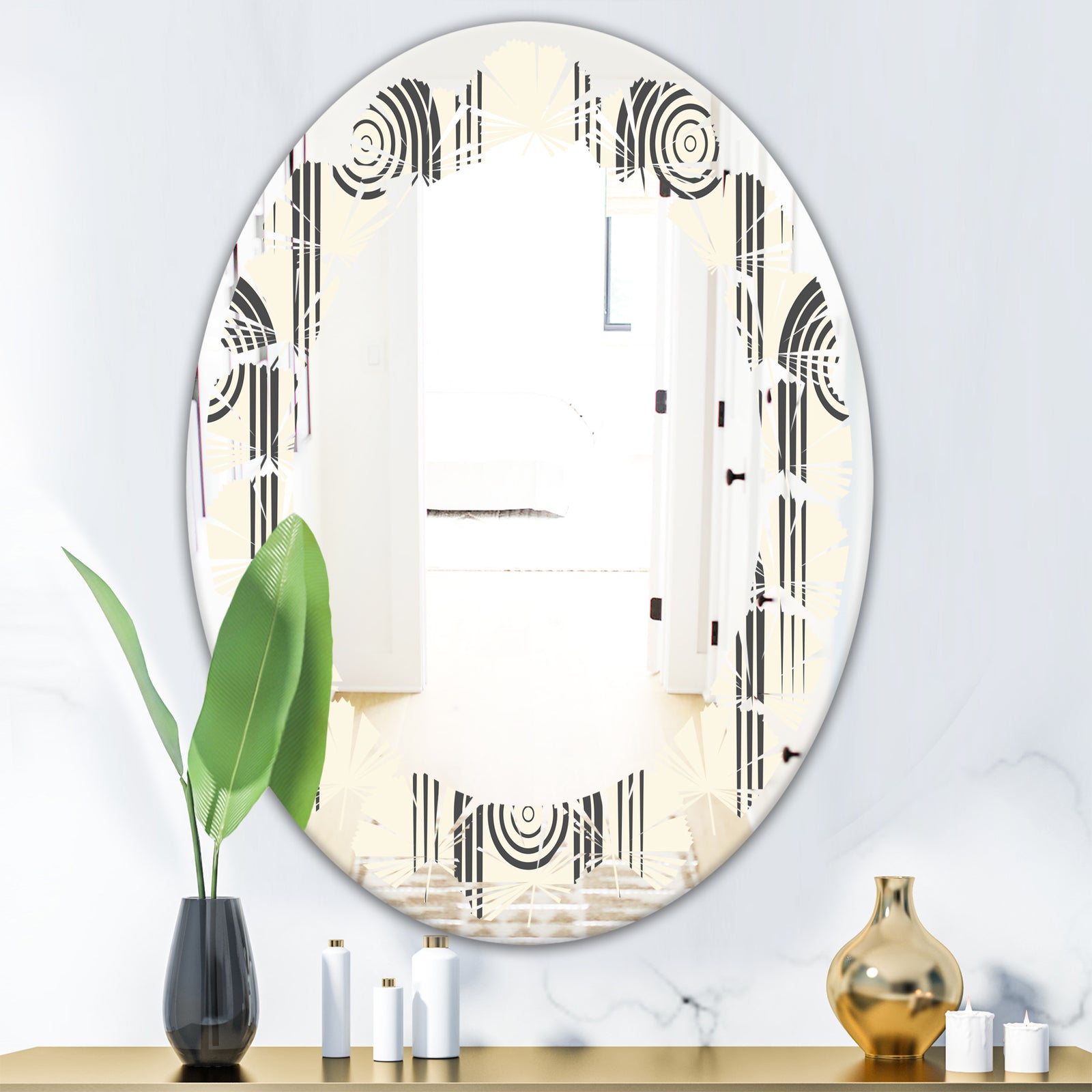 Retro Curved Minimal Geometric Ornament II - Modern Round or Oval Wall Mirror - Leaves